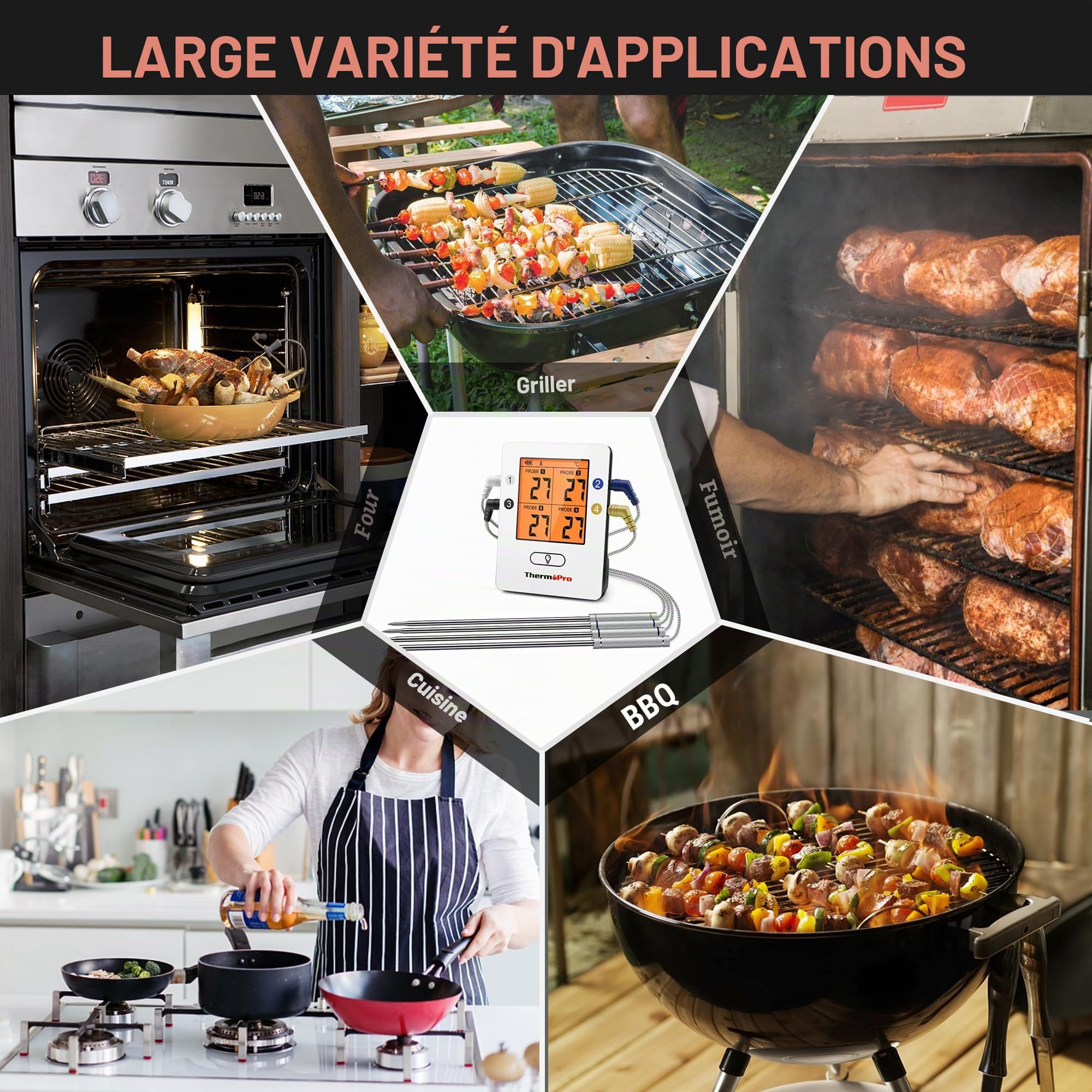 ThermoPro TempPro TP25 Thermomètre à Viande Sans Fil Bluetooth Numérique Thermomètre pour Cuisson au Four avec 4 Sondes de Température pour Aliments pour Griller Thermomètre de Fumeur Rechargeable