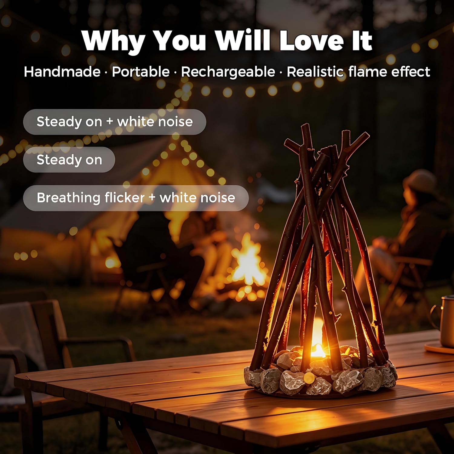 LED Night Light Wooden Campfire,LED Dimmable Lamp with 3 Lighting Modes & Flame Sound, Wooden Ambient Lamp for Bedroom, Indoor Camping Décor, Desk & Table Lamp (Type A(Large))