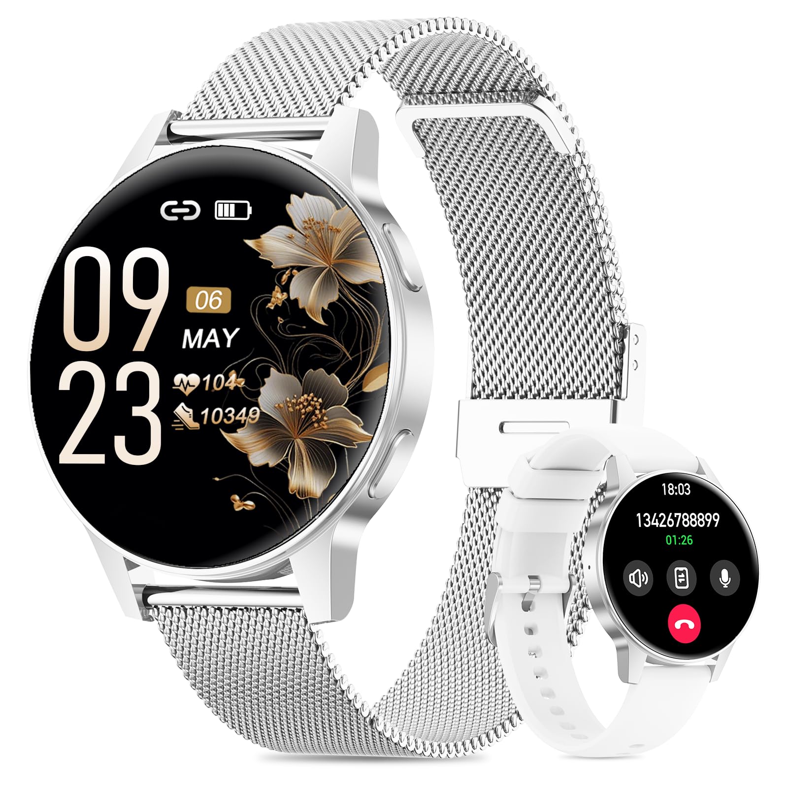 SLOKSFil Smartwatch Damen, 1,27" HD Touch Display Rund, Schrittzähler mit Telefonfunktion, 24H Pulsuhr Schlafmonitor, 100+ Sportmodi Fitness Tracker für Android & iPhone