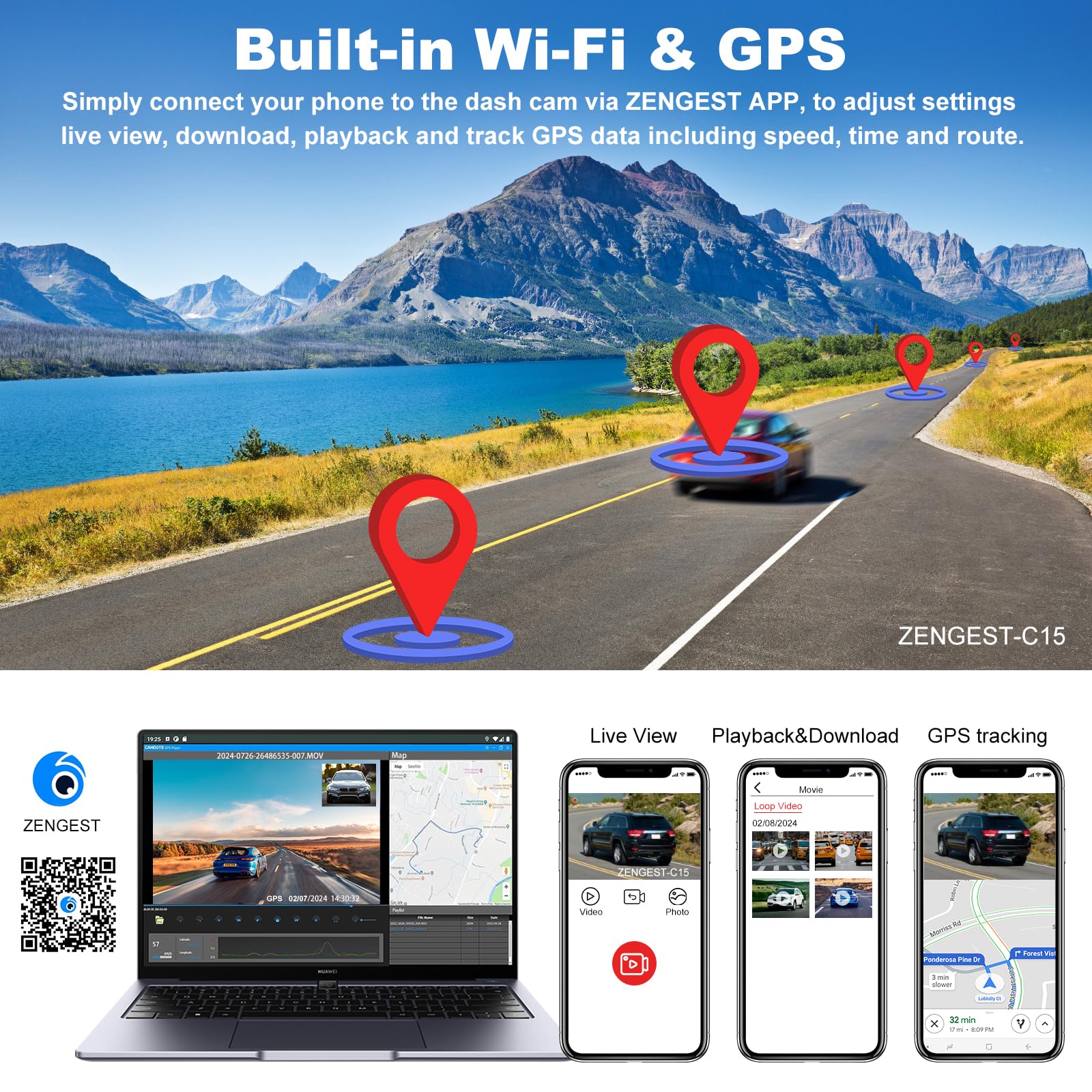 Cámara de salpicadero delantera y trasera, cámara dual para coche 4K, 5 GHz, WiFi GPS, pantalla táctil IPS de 3 pulgadas, 64 GB, visión nocturna, gran angular de 170°, modo de estacionamiento 24H