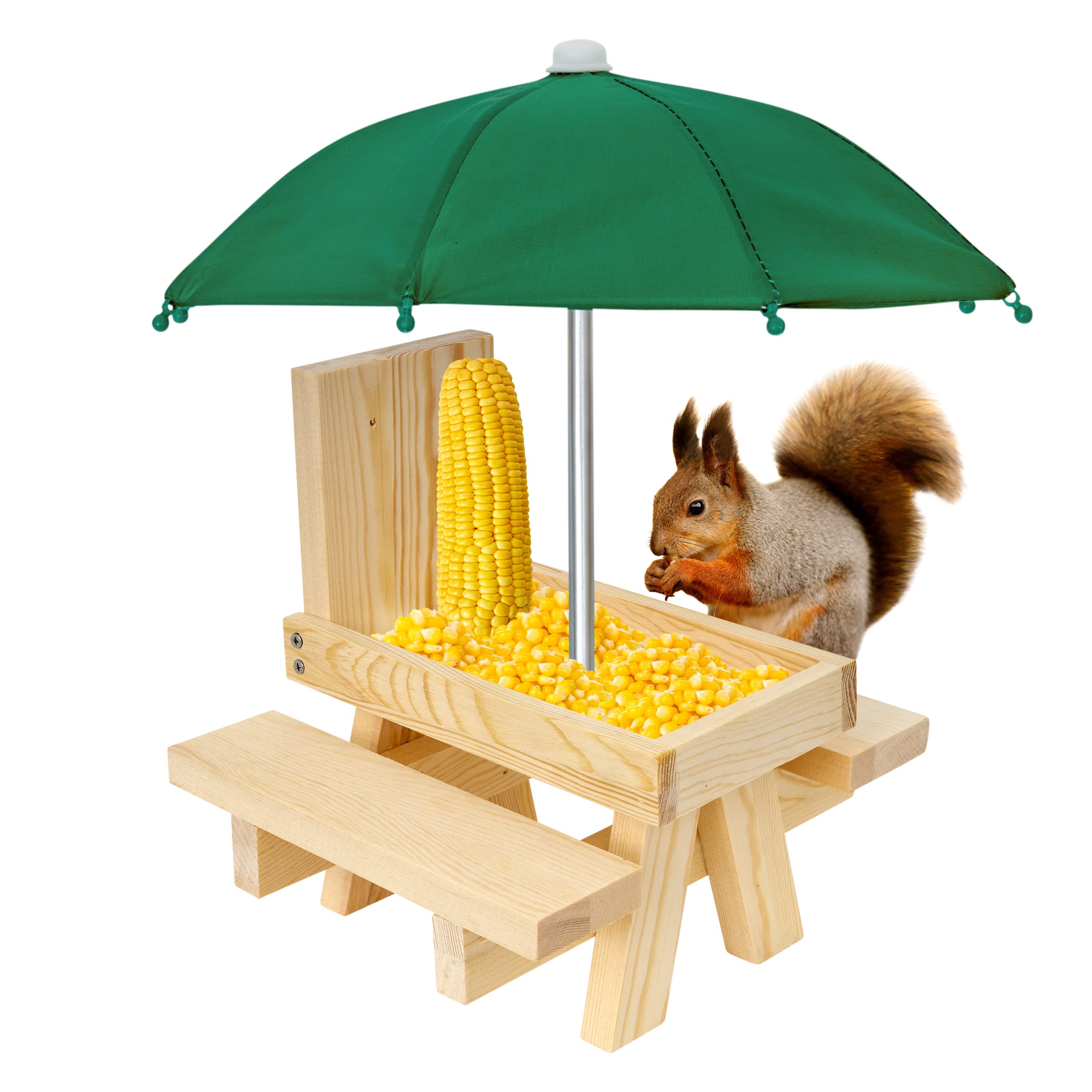 VASGOR Squirrel Feeder Table with Umbrella, Wooden Squirrel Picnic Table, Durable Squirrel Feeder Corn Cob, Solid Structure and 2 x Thick Benches, Stable Squirrels Feeder, 8.3 x 7 x 8 Inches (Bright)