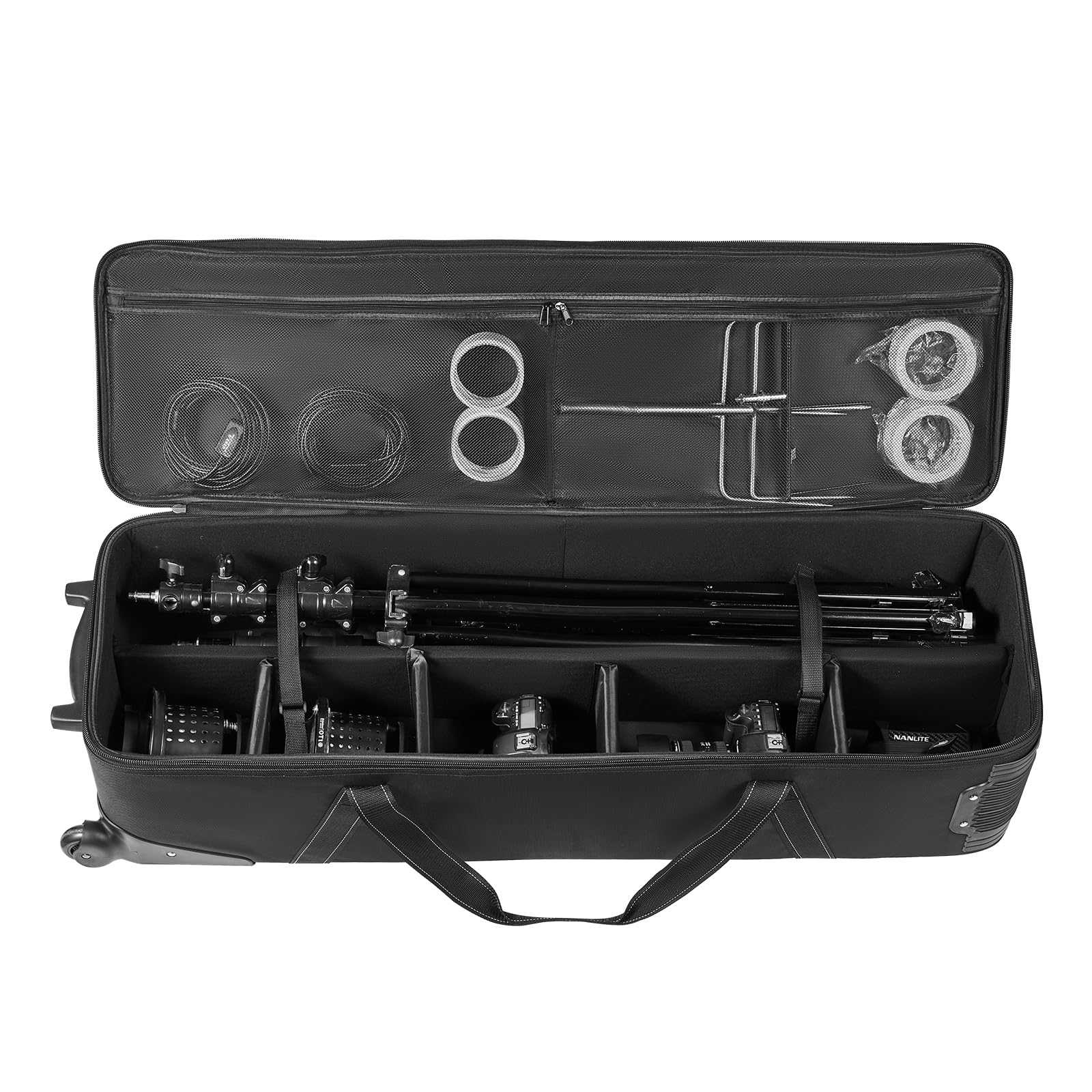 VEVOR Estuche con Ruedas para Equipo de Estudio 118 x 37 x 30 cm, Bolsa con Ruedas para Cámara, Correas, Asa Acolchada en el Compartimento para Soportes de Iluminación, Trípodes y Telescopios, Negro