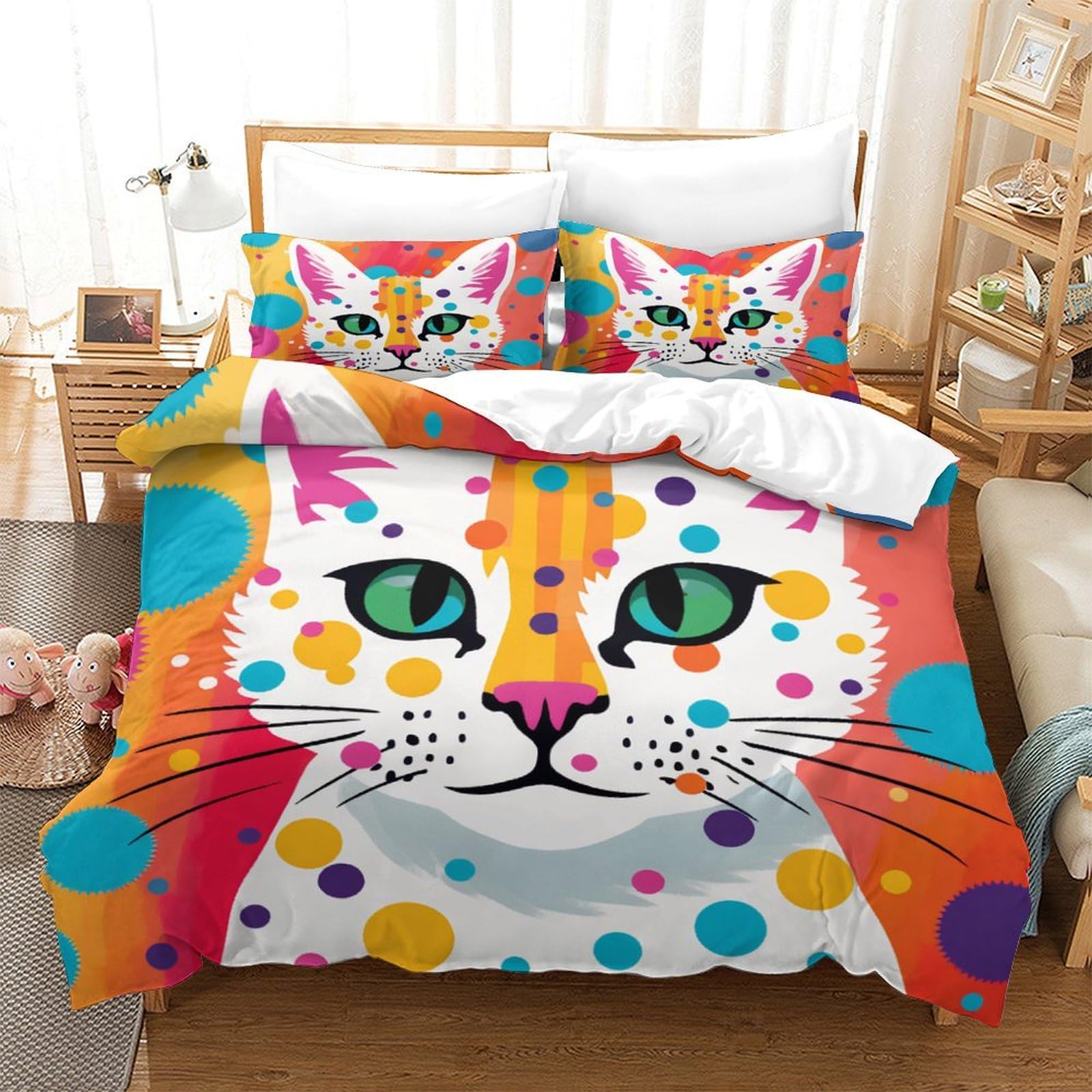 P1S9U7W5Y Colourful Cat 3D Printed Duvet Cover Set 3pcs Microfiber Cartoon Cat Bedding Set King