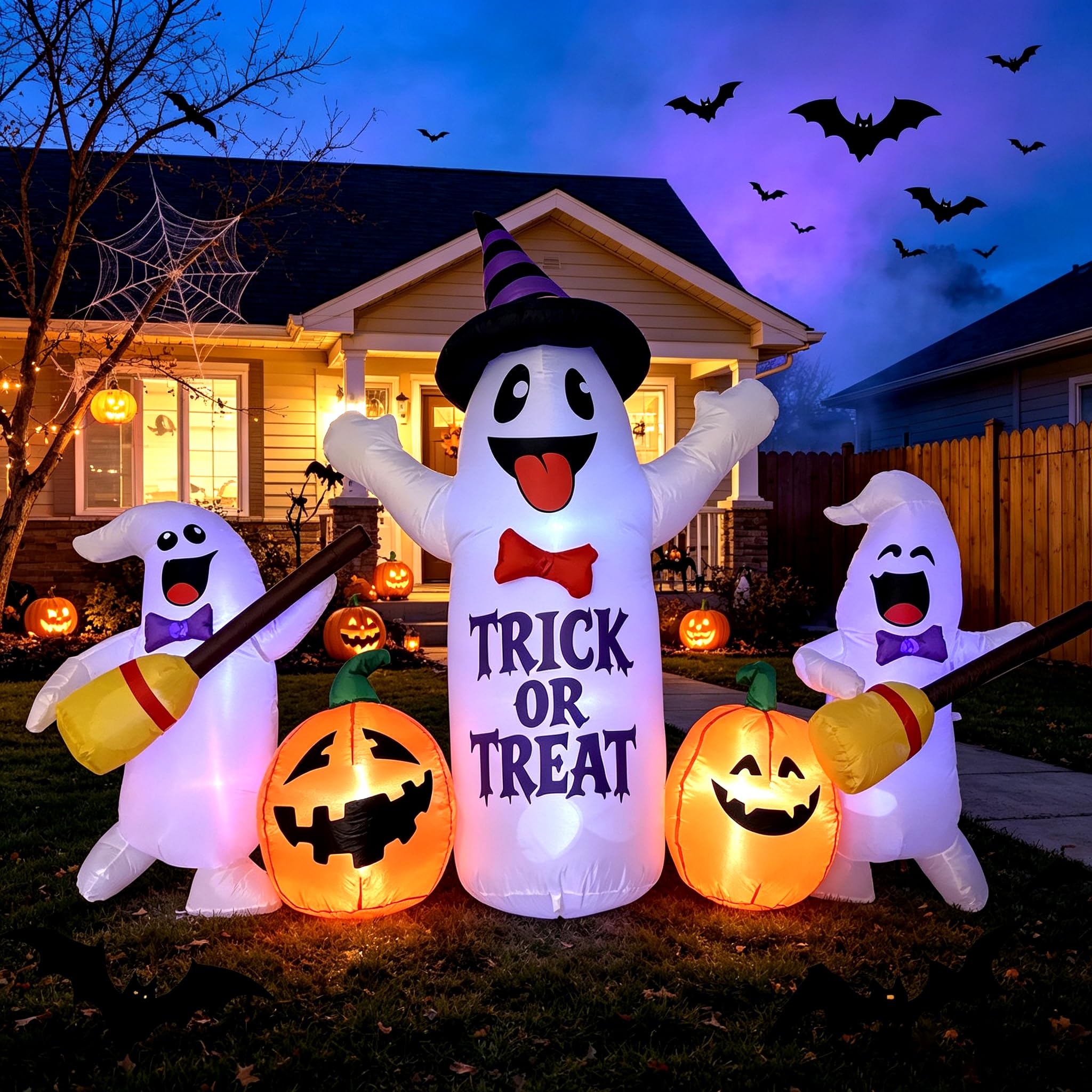 8FT Halloween Inflatable Ghosts with Broom &amp; Pumpkins, LED Yard Decor