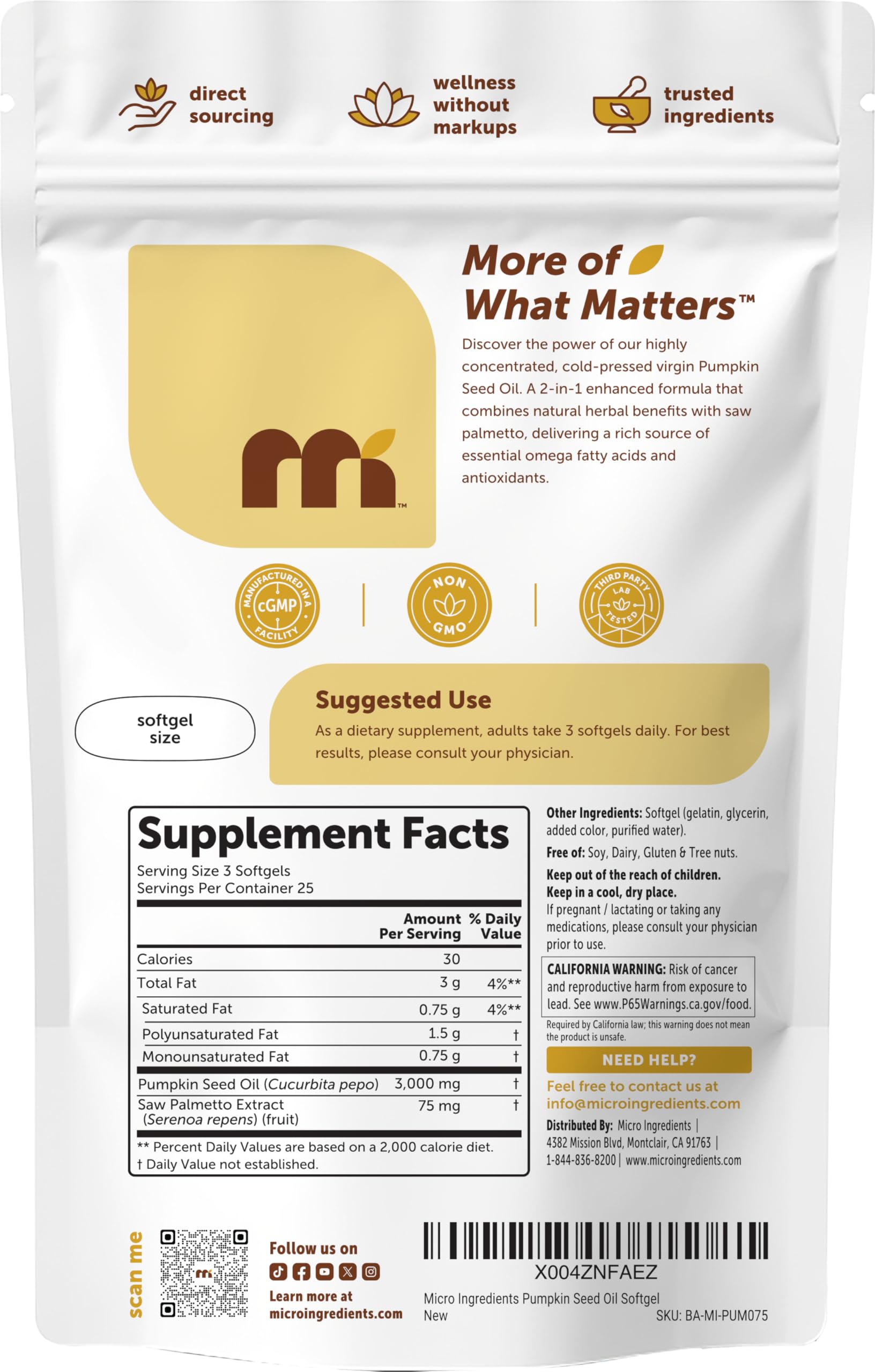 Micro Ingredients Pumpkin Seed Oil with Saw Palmetto, 75 Softgels — Amazon image 6