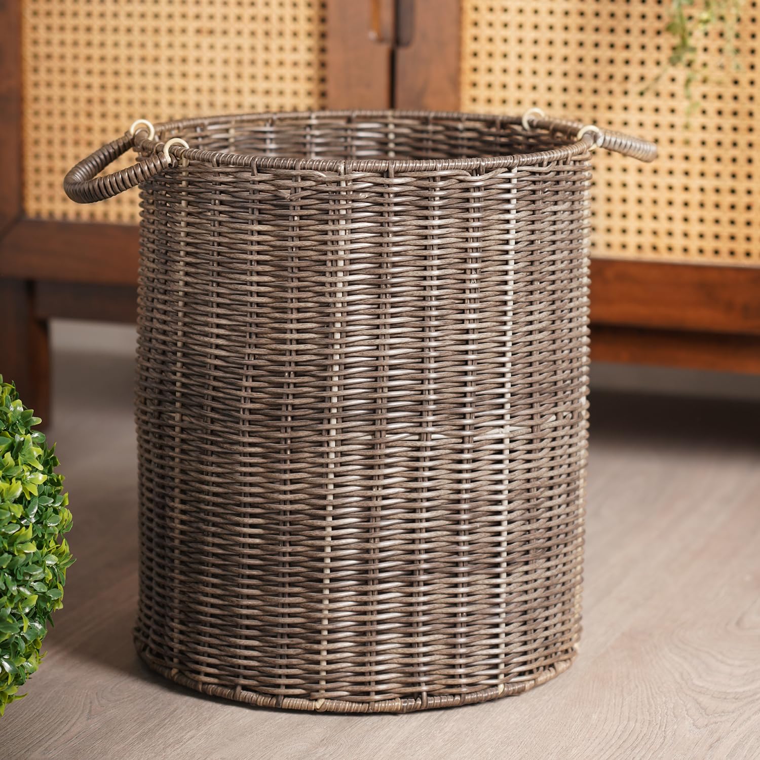 Pure Home + Living Brown Resin Wicker Bin, Resin Home Laundry Baskets,Storage Basket With Handles, Woven Storage Basket For Pillows, Blankets,Clothes - 35.56cm x 30.48cm x 30.48cm, Dark Brown-image-3