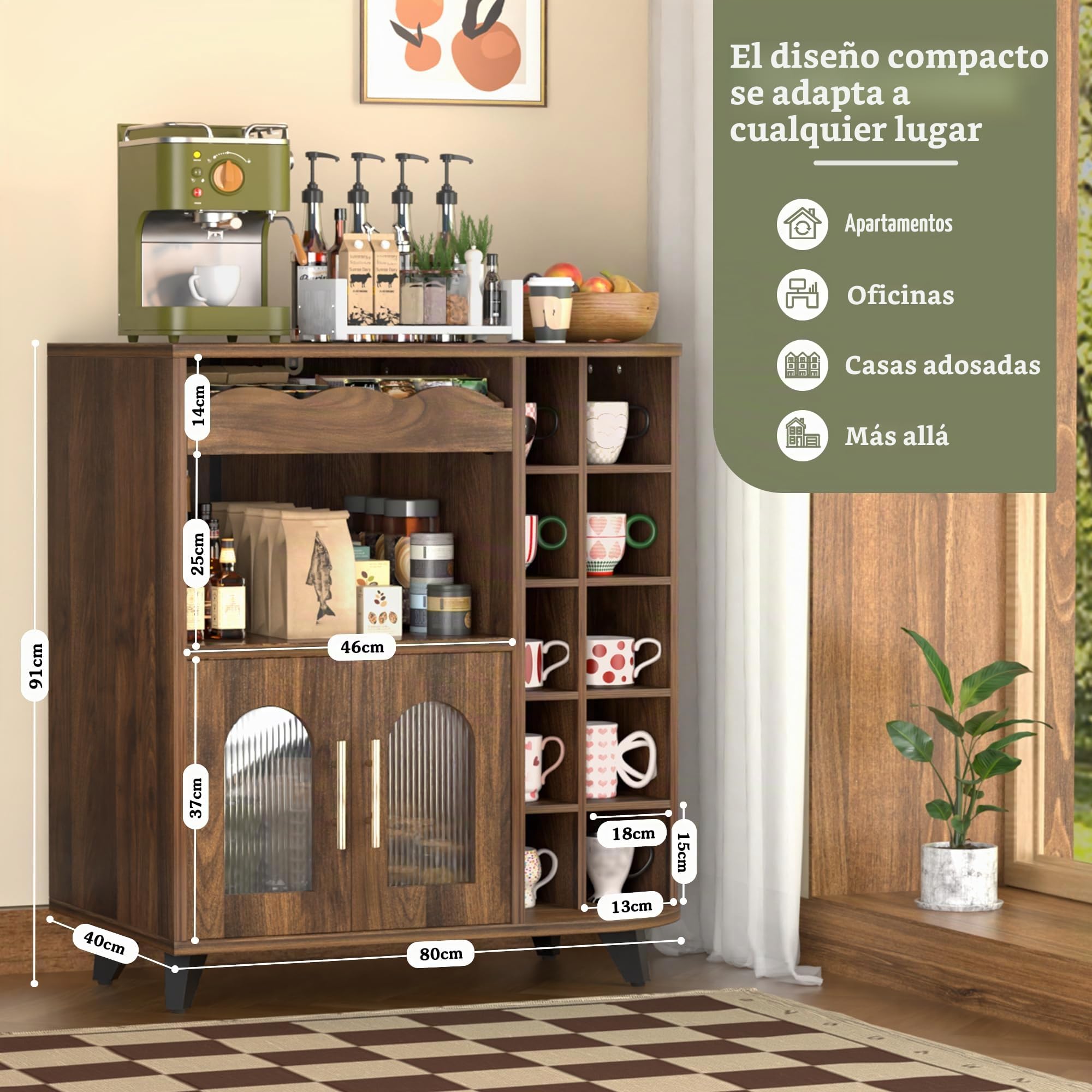 Armarios De Cocina, Mueble Cafetera con Soporte para Tazas De Café, Mueble Bajo Cocina con Cajón, Almacenaje con Puerta, Buffets Armario Aparador para Salón, Tazas (40x80x91cm)