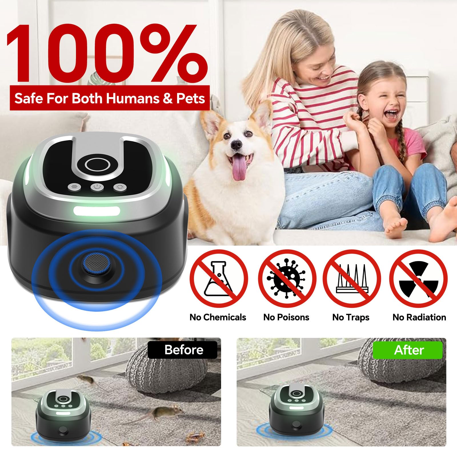 Ultrasons pour Rats, répulsif à ultrasons pour Souris, Souris et Rats à ultrasons 360 ° avec lumière LED répulsif à ultrasons pour rongeurs parasit araignées Papillons Fourmis