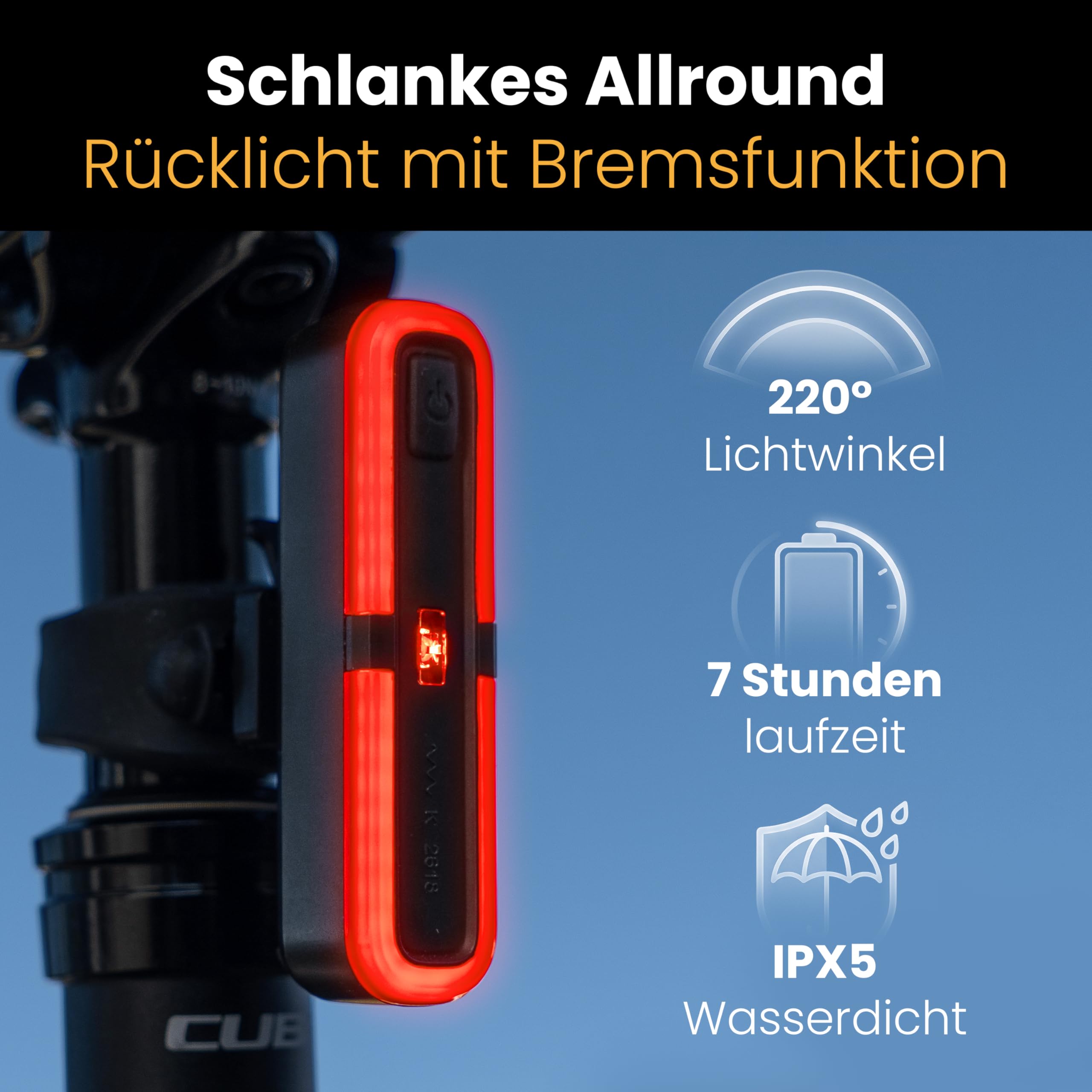 LICHTMEISTER® Baglygte Cykel med bremselysfunktion - Cykellygte med StVZO-godkendelse - Baglygte til cykel-, Gravel Bike og eBike
