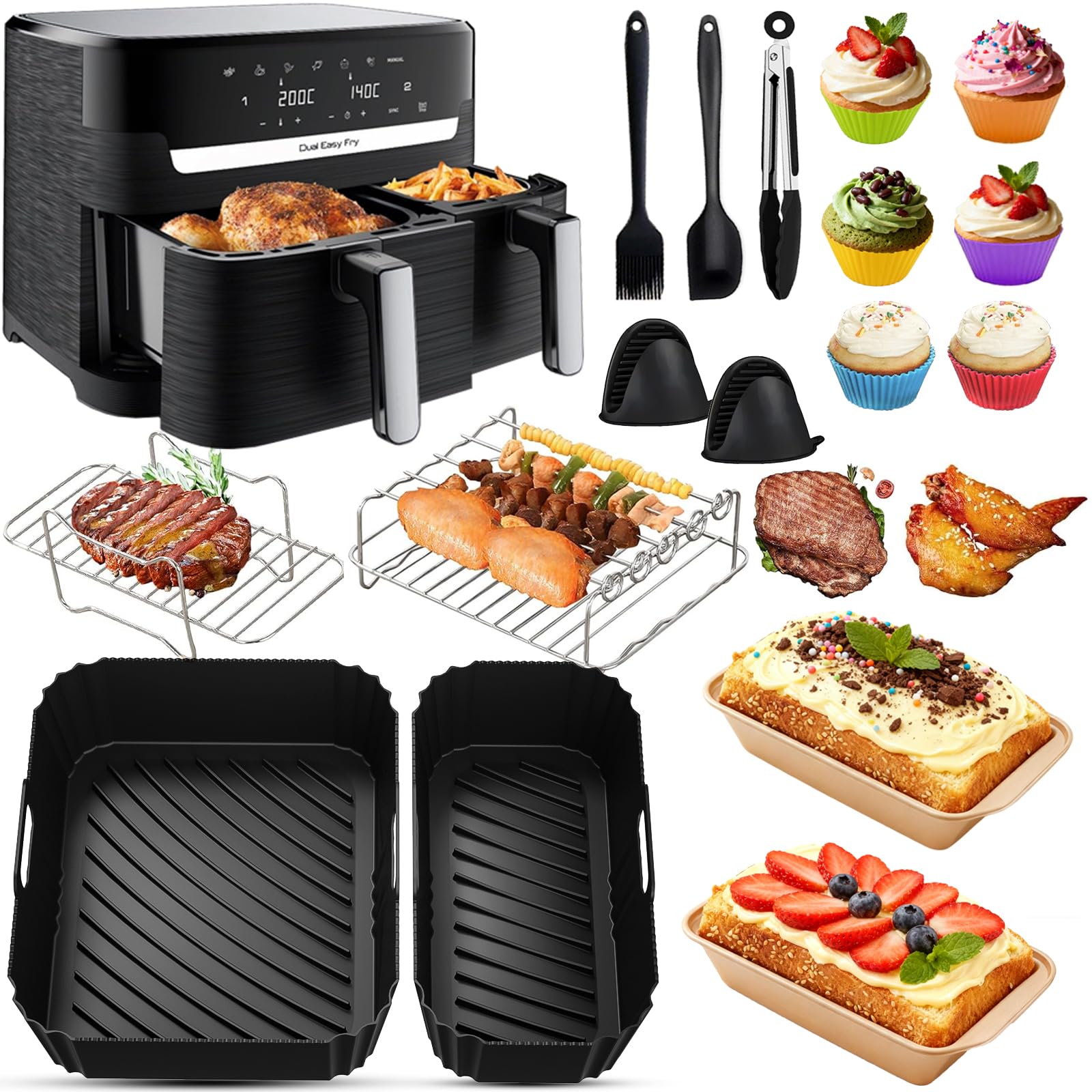 Accessoires Pour Air Fryer Moulinex Easy Fry Dual 8,3L(5,2/3,1L), 17 Pcs Avec Friteuse À Air Moule en Silicone, Grille Racks, Moule Cake, Moule à Pain Pour Moulinex - EZ901820