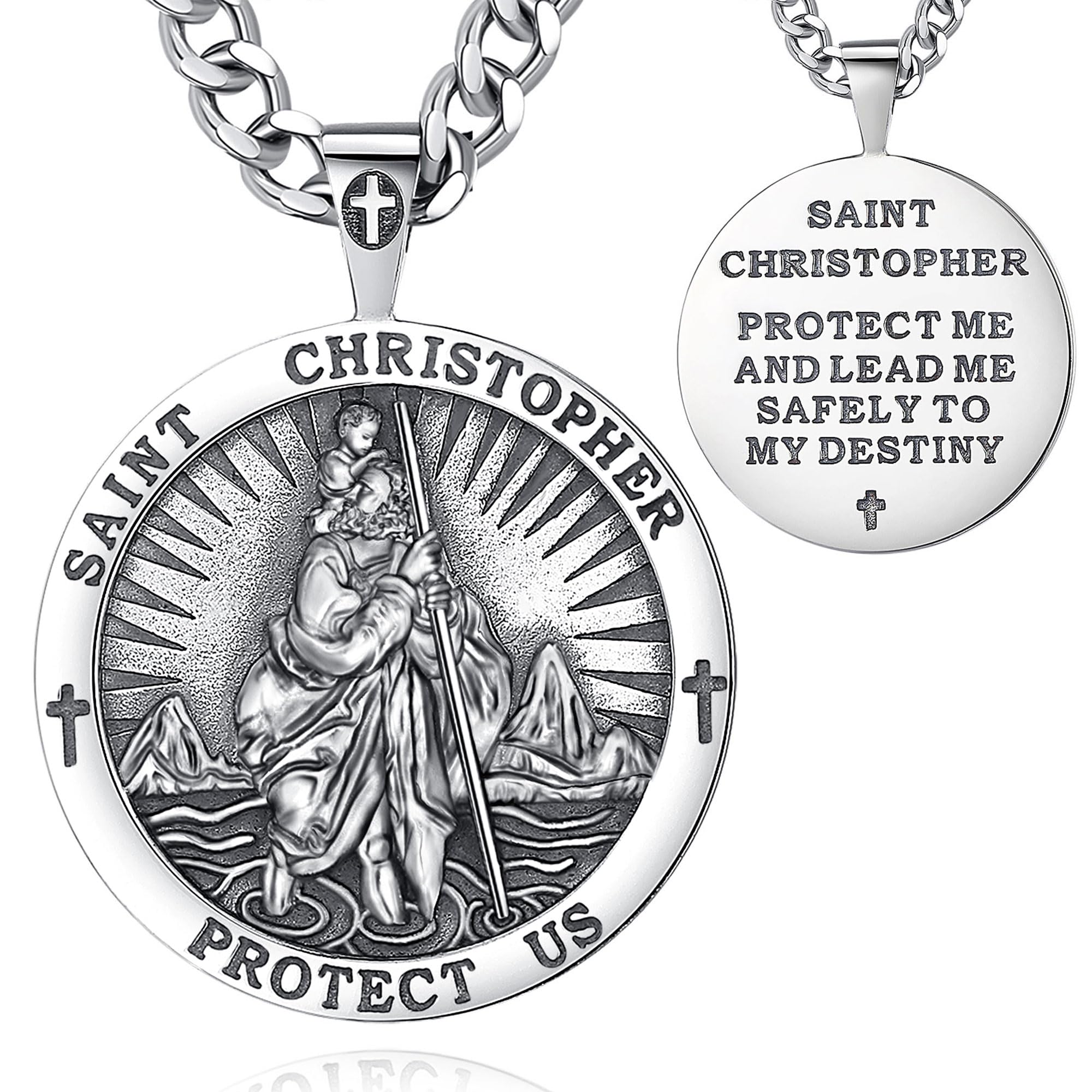 AEONSLOVE 925 Sterling Silver Saint Christopher Necklace for Men Women, Saint Michael/Saint Benedict Cross/Seal of the Seven Archangels Medal, Christian Catholic Jewelry for Boy Girl