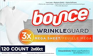 Bounce WrinkleGuard Mega Dryer Sheets, Fabric Softener and Wrinkle Releaser Sheets, Unscented, 120 Count (Pack of 2, 60 Co...