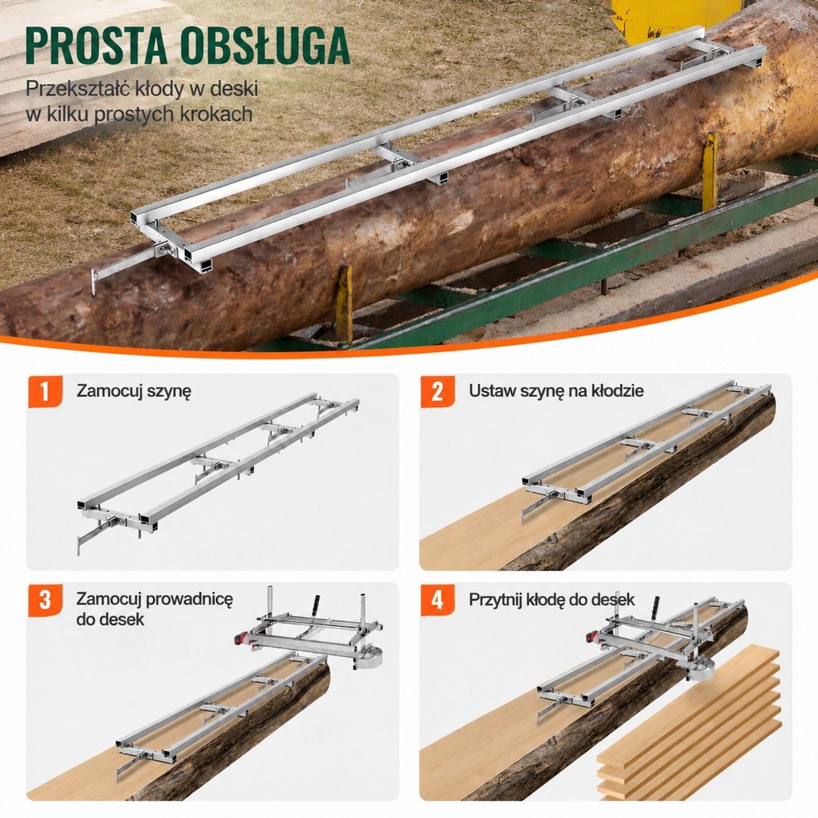 Srebrny system prowadnic do przenośnego traka łańcuchowego z aluminium i żelaza, do prac z drewnem