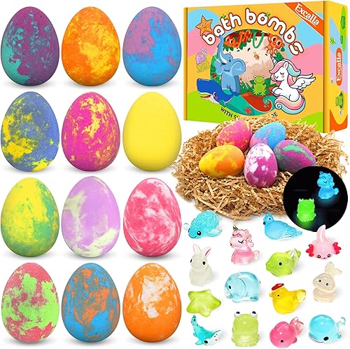 Bombas de baño de huevos de Pascua para niños con juguetes sorpresa en el interior, juego de regalo de 12 bombas de baño para niños, bolas de