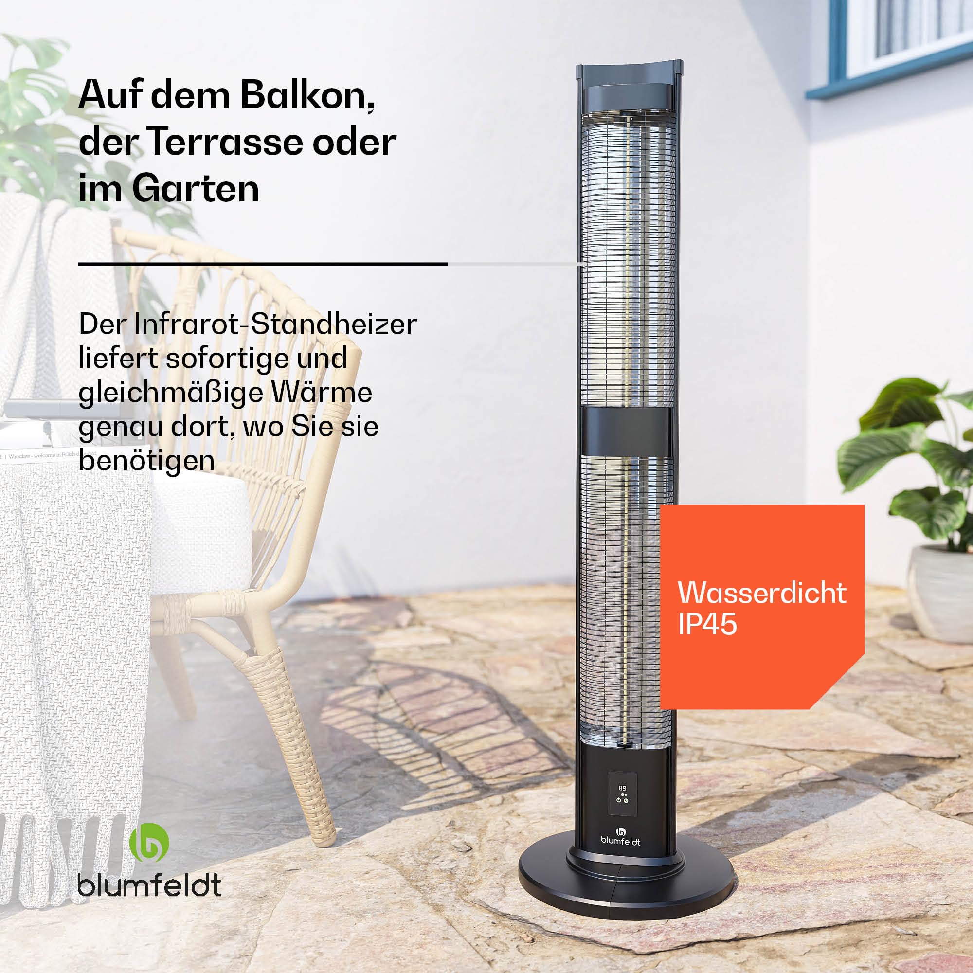 blumfeldt BlazeTower Infrarotheizung Standgerät - 3000 W Leistung, Einstellbare Heizstufen, Wetterfest IP45, Umkippschutz, Fernbedienung & 24-Stunden-Timer - Ideal für Terrasse & Garten