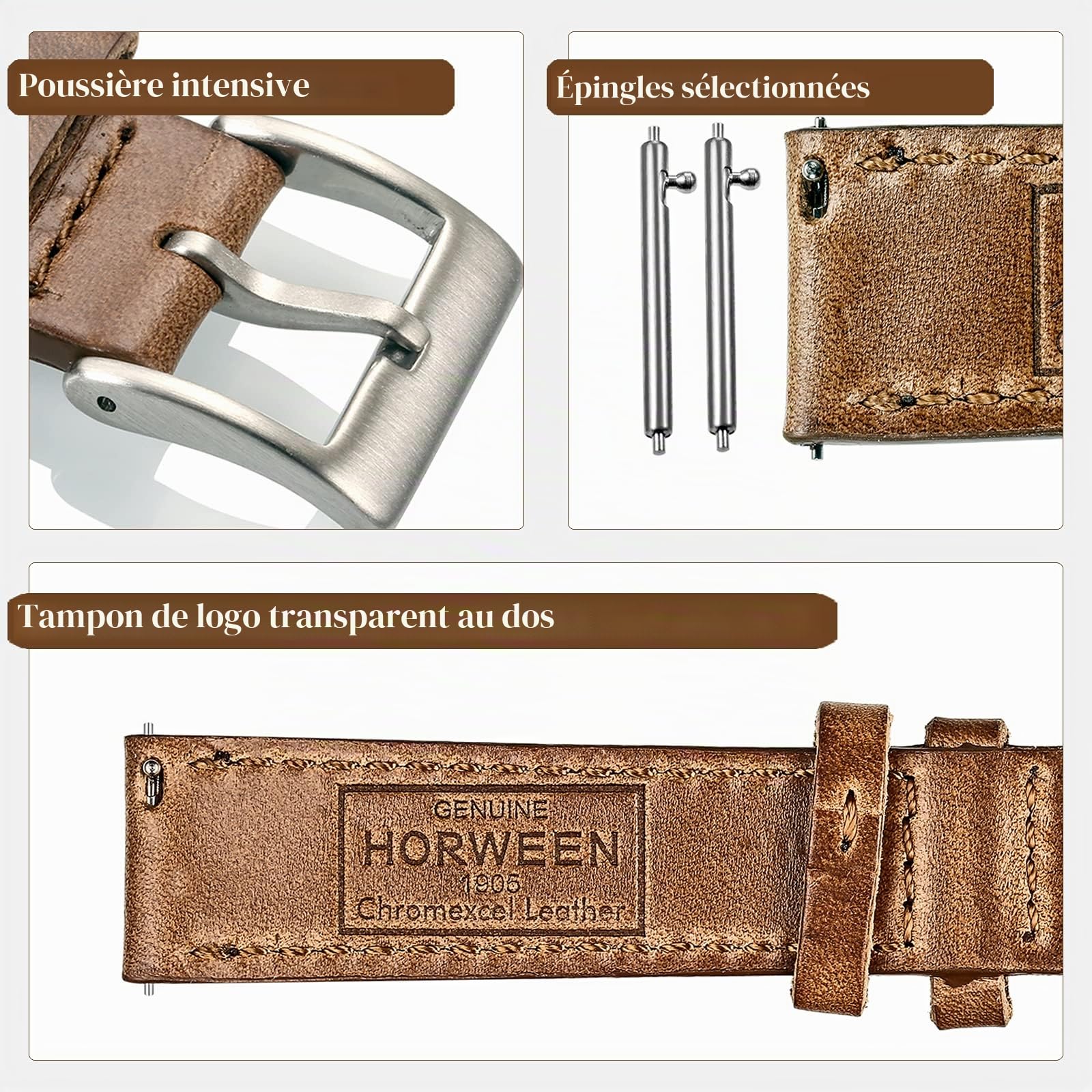 Bracelets cuir, cuir Horween, bracelets de remplacement pour montres traditionnelles ou intelligentes pour hommes ou femmes 18mm 20mm 22mm