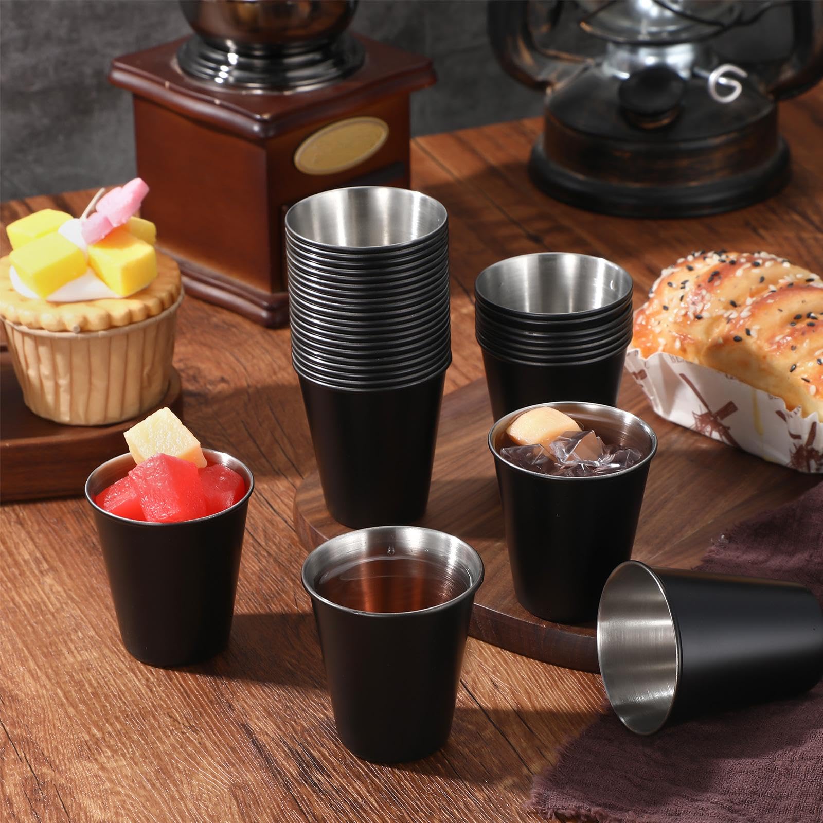 100 vasos de chupito de acero inoxidable de 2 onzas, vasos de chupito pequeños irrompibles para espresso, whisky, bar, hogar, restaurante, camping, bar, regalo (negro)