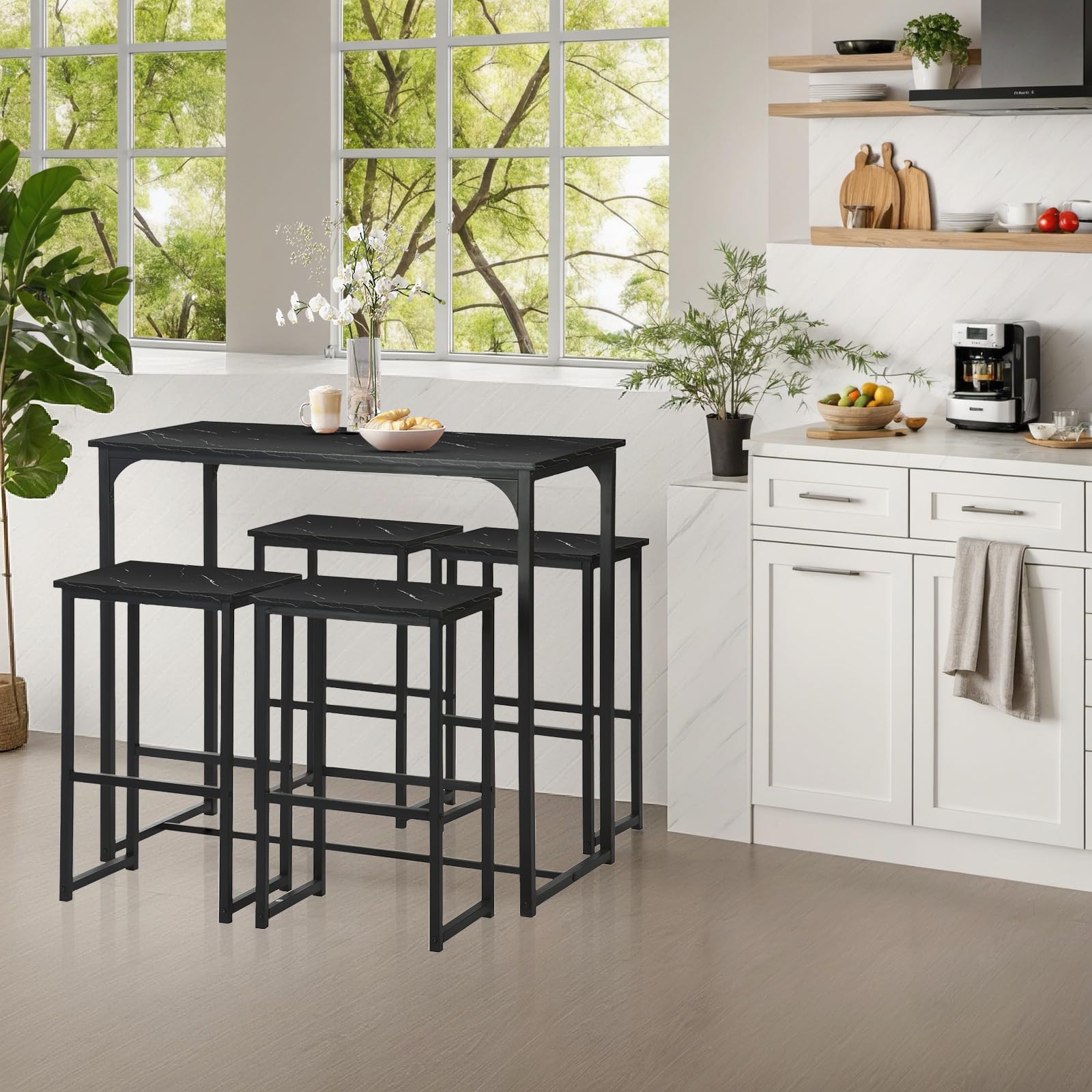 Table de Bar avec 4 Tabourets, Table Haute Cuisine, Table a Manger avec 4 Chaises, Table Haute 100 × 50 × 90 CM, 4 Tabourets 30 × 40 × 65 CM, Noir