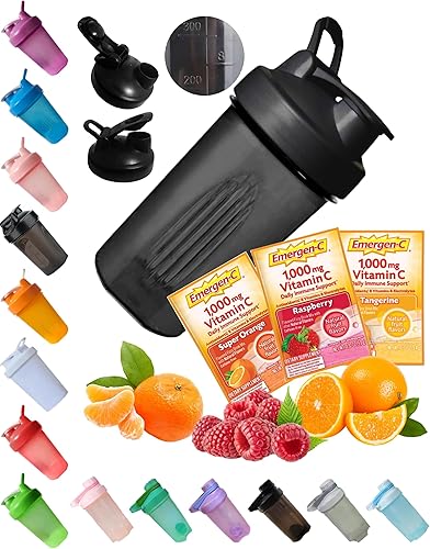 Paquete de muestra de bebida de vitamina C de 3 sabores (frambuesa, mandarina, súper naranja) como bono para un pequeño recipiente negro oscuro con