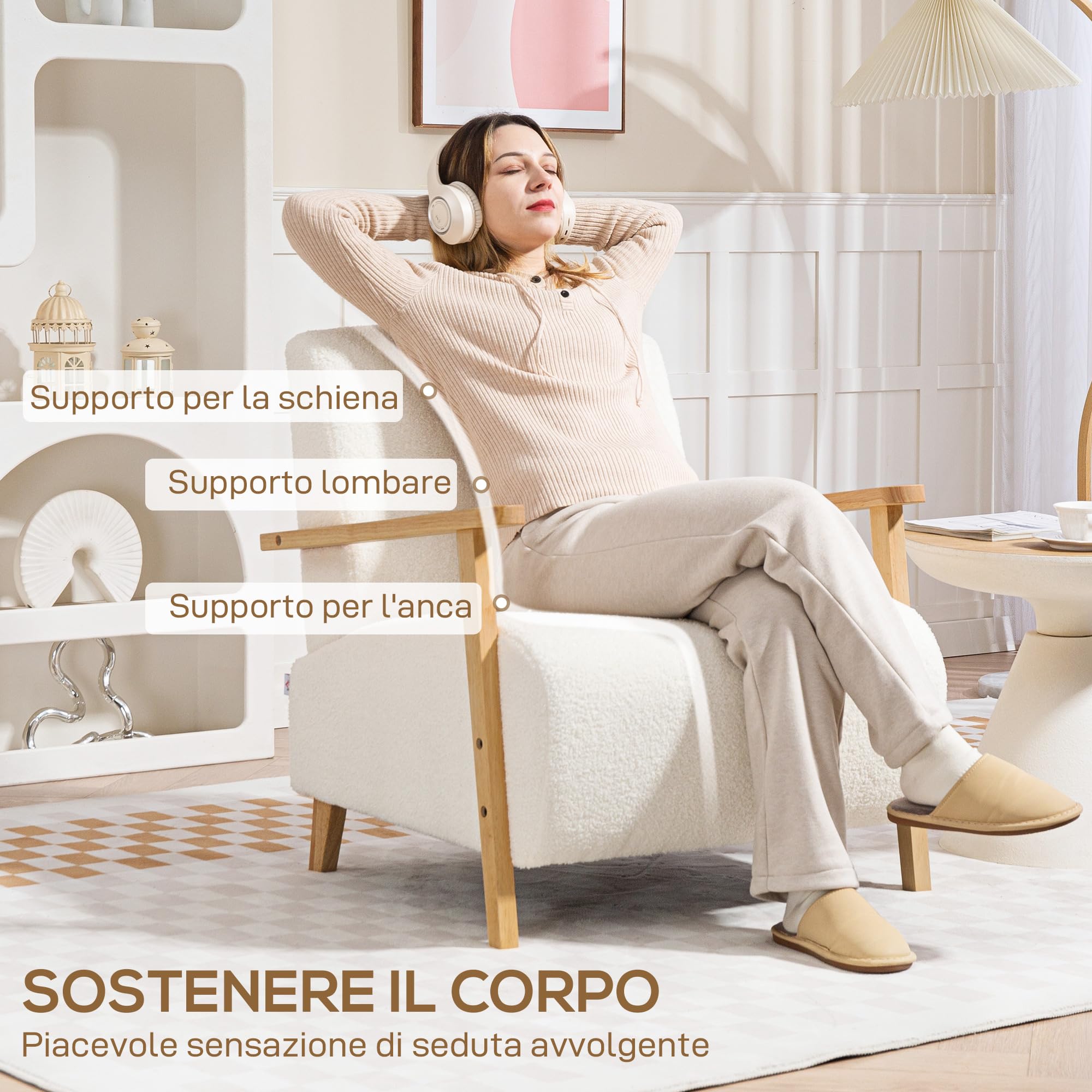 HOMCOM Poltrona da Salotto con Rivestimento in Tessuto Sherpa, Poltroncina da Camera Stile Nordico con Braccioli e Gambe in Legno di Gomma, Imbottitura Spessa, Crema