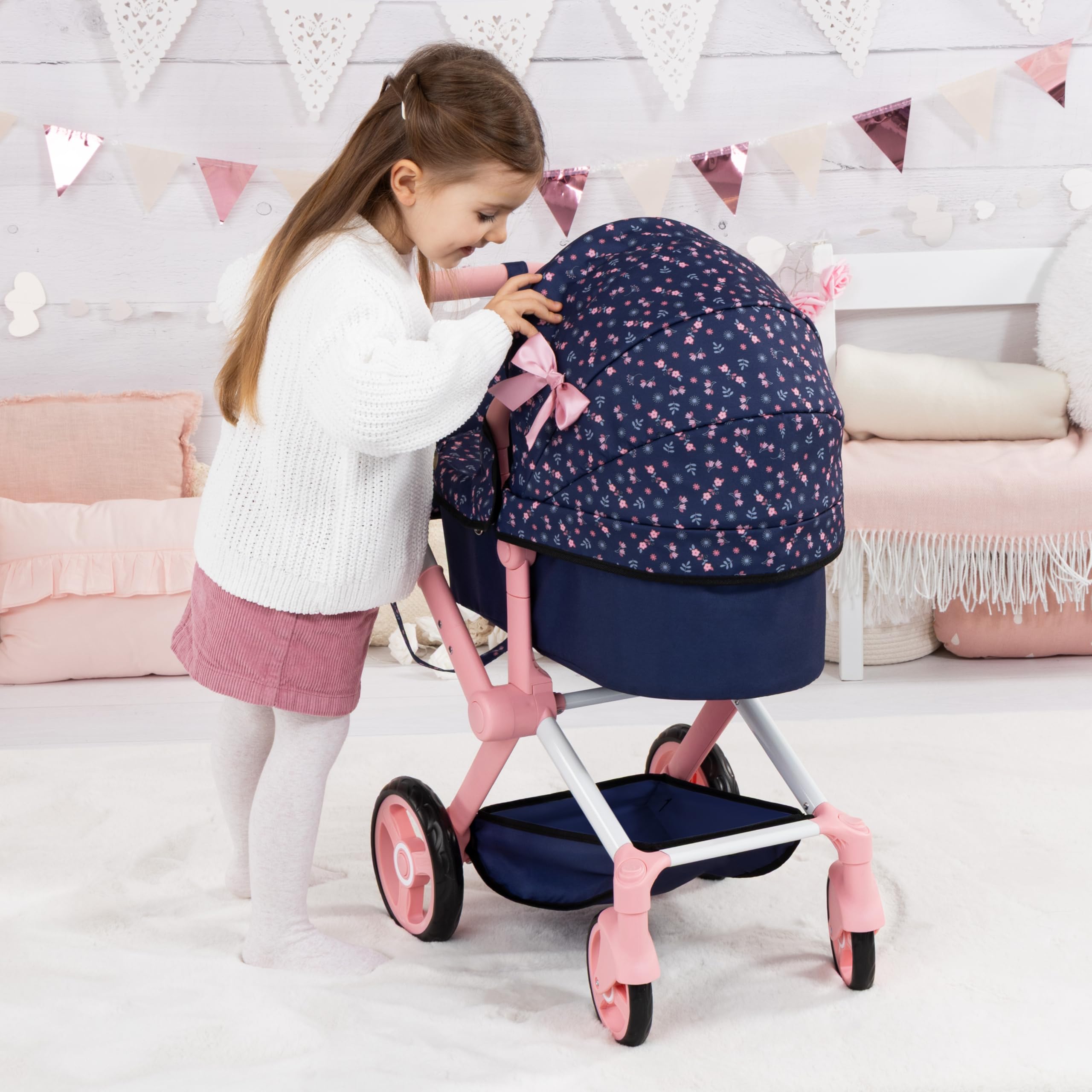 Bayer Design Puppenwagen Xeo mit Tasche, höhenverstellbar, wandelbar | wandelbar als Puppenjogger, Schwenkschieber, verstellbarer Griff, bewegliche Vorderräder, integrierter Korb