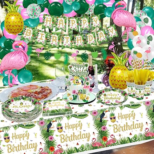 Miniatura 8 de 234 piezas hawaiana Aloha suministros de fiesta tropical Luau decoraciones de fiesta hawaiana decoración de fiesta de verano - Platos, pancarta,