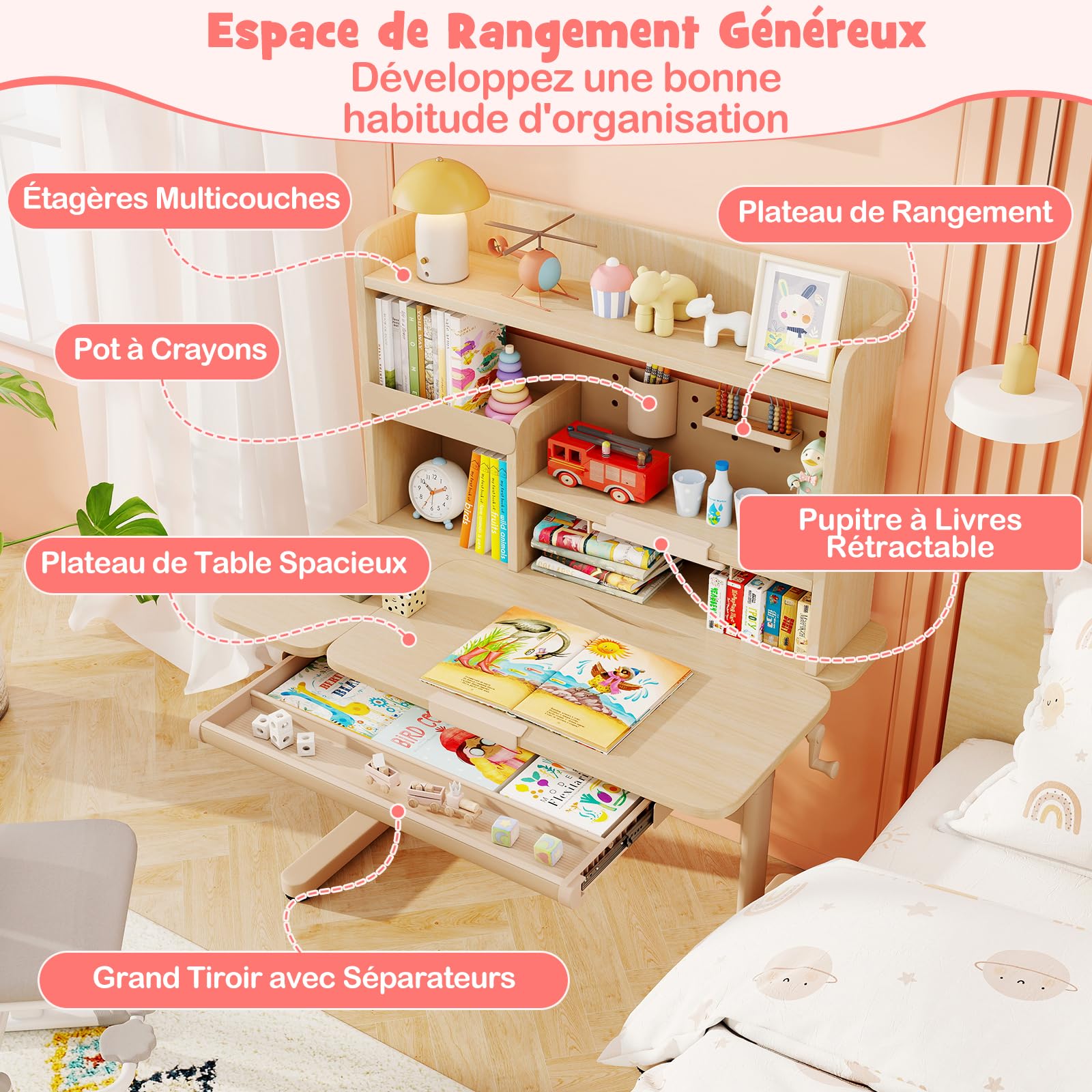 COSTWAY Bureau Enfant Fille Garcon avec Hauteur Réglable, Table Enfant avec Plateau Inclinable, Bibliothèque, Étagères, Tiroir, Support de Livre, Porte-Stylo, Charge 80 kg, pour 3-12 Ans (Naturel)