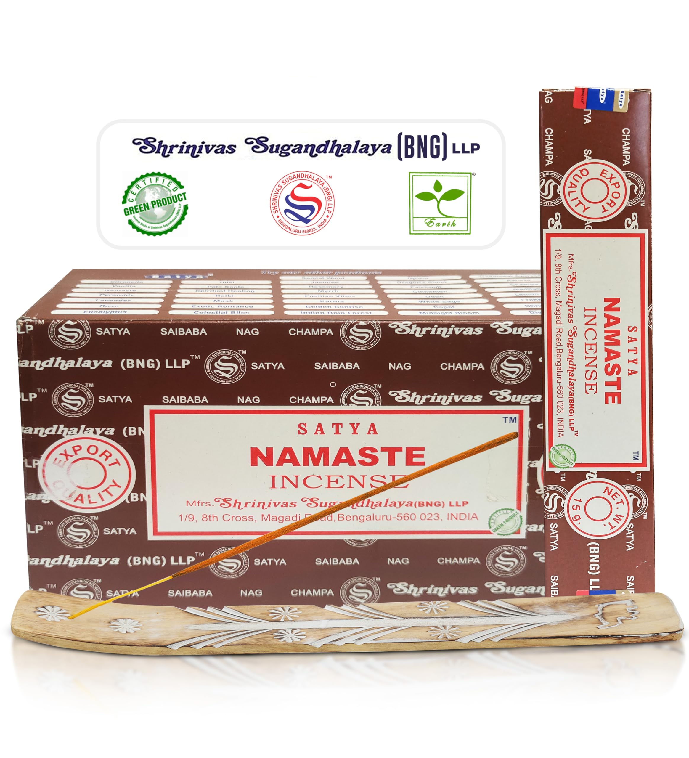 Satya Namaste Incense Sticks, Satya Bng (Bangalore) Insenses 15gmx12 Pack with Raajsee Incense Holder Bundle, Satya Nagchampa Natural Incense