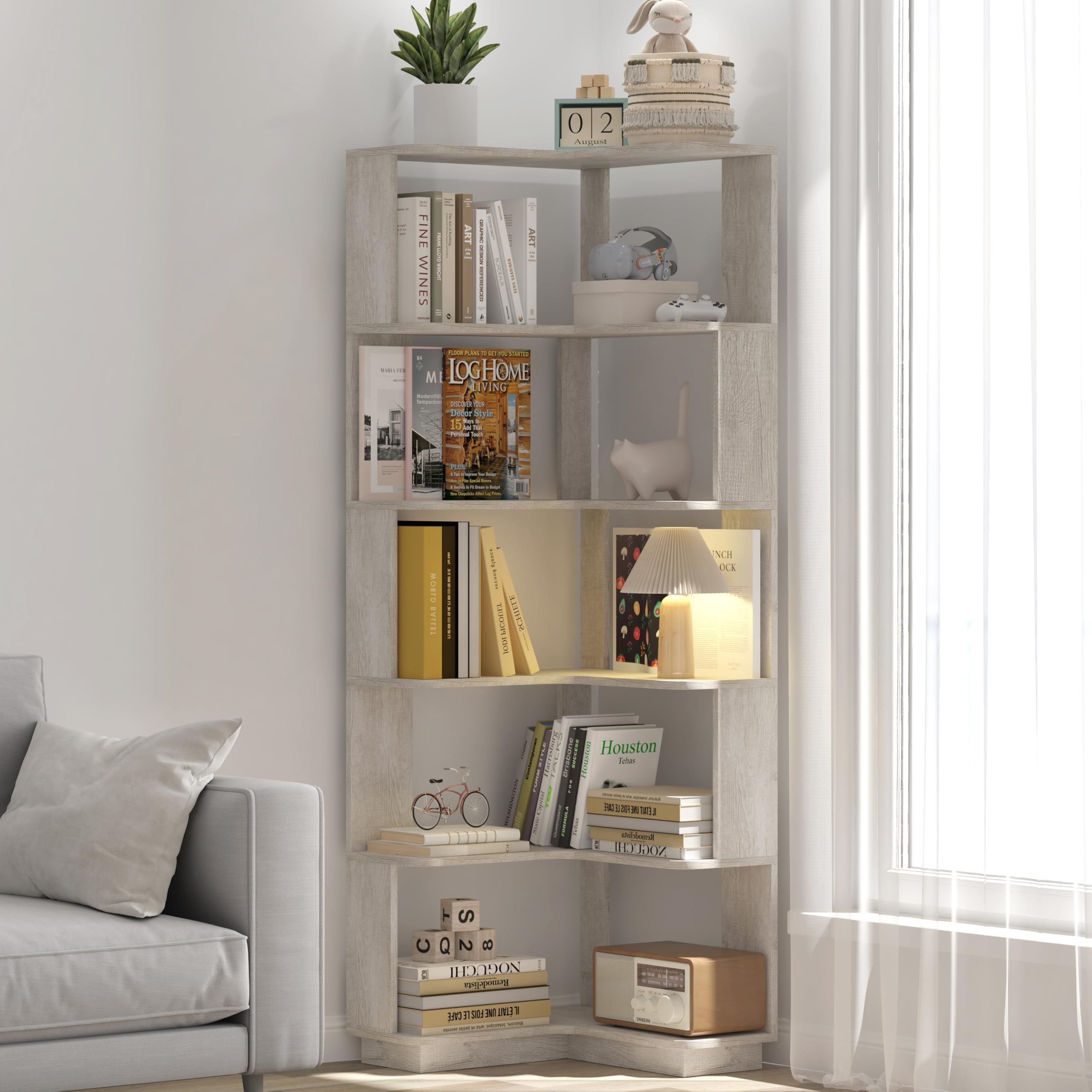 GDFStudio 64.6" Tall L-Shaped Corner Bookshelf, 6-Tier Freestanding Corner Shelf Bookcase with Anti-Drop Panels, Wooden Open Back Display Shelves