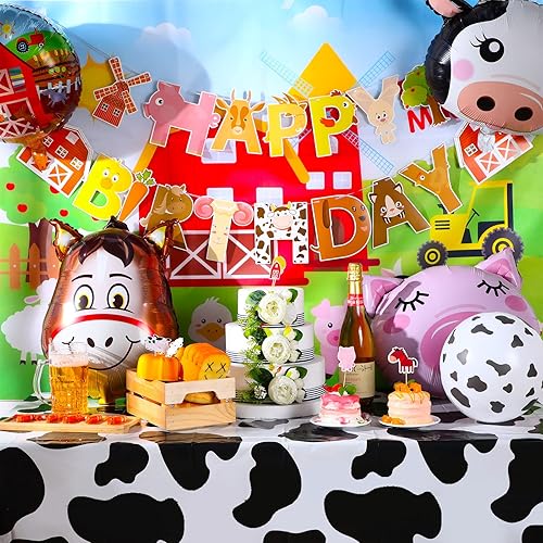 Miniatura 7 de Juego de 27 piezas de fiesta de cumpleaños de animales de granja decoración de fiesta de cumpleaños mantel con estampado de vaca globos de animales