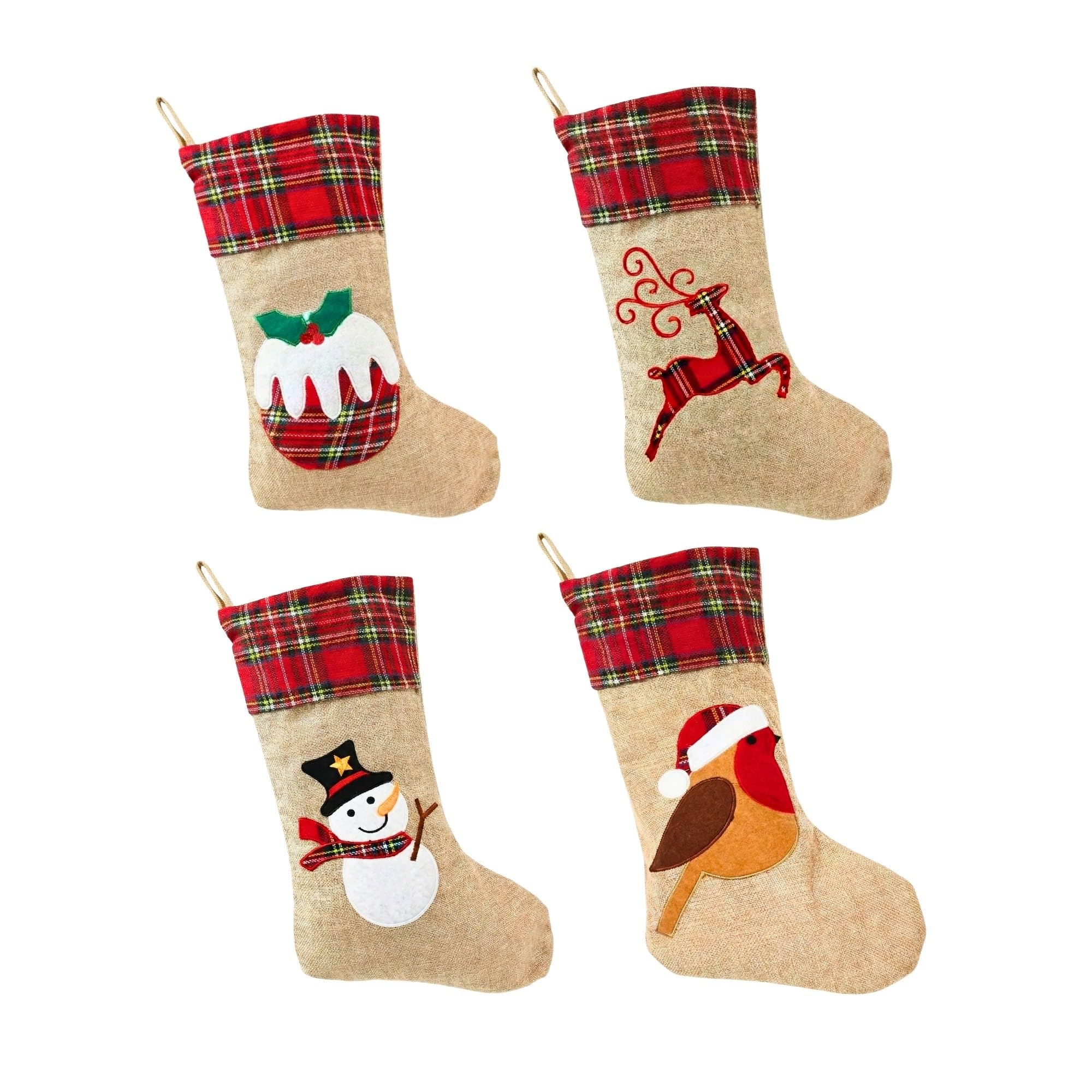 45cm Pack of 4 Assorted Xmas Stockings, Burlap Hessian Linen Christmas Hanging Sack Socks, Christmas Pudding, Reindeer, Robin, Snowman Designs for Festive Home Decorations