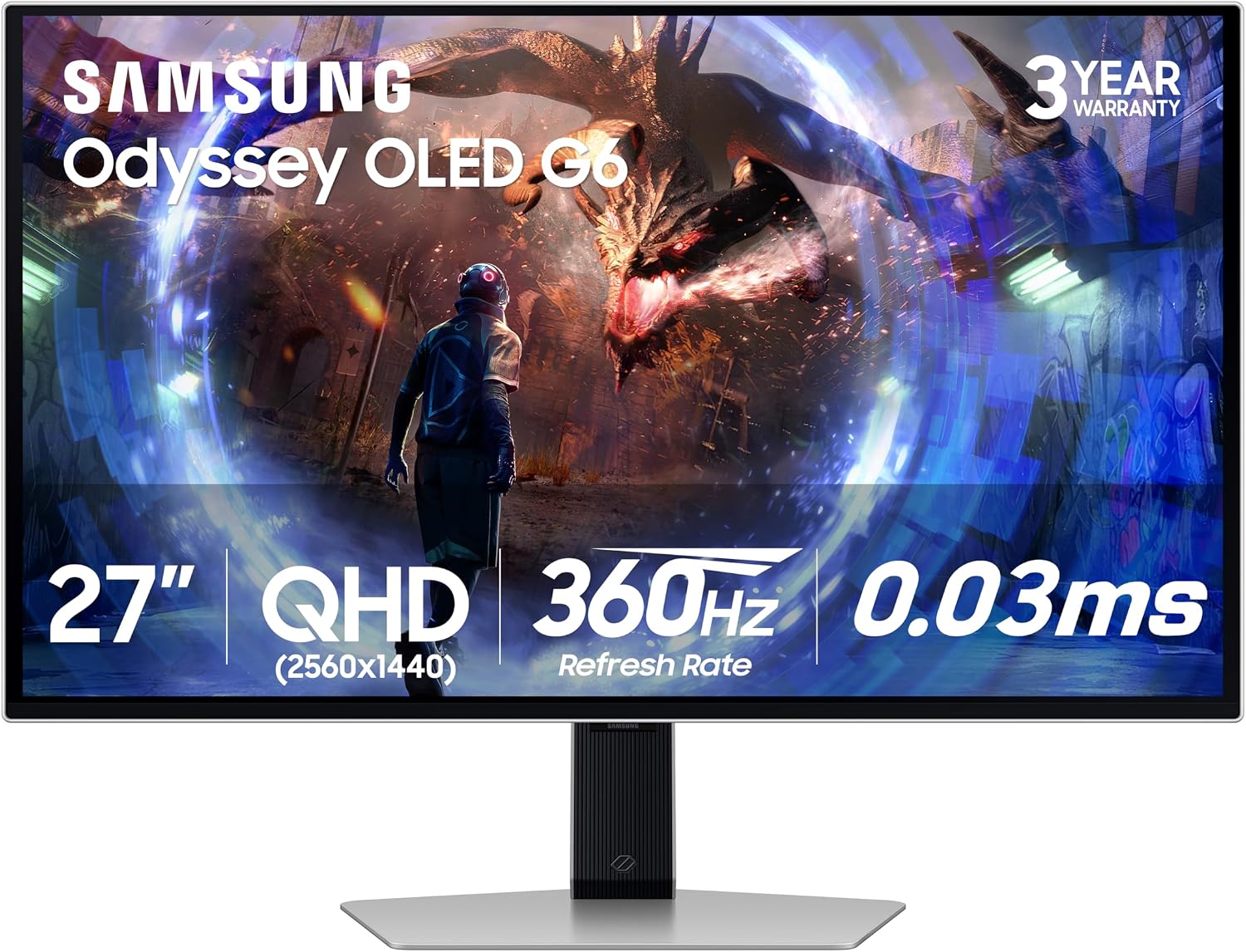 27” Odyssey OLED G6 (G60SD) Series Gaming Monitor with QHD & QD-OLED, 360Hz 0.03ms, AMD FreeSync Premium Pro, Anti-Glare, Sleek Design, Cooling System, 3 Year Warranty, LS27DG602SNXZA