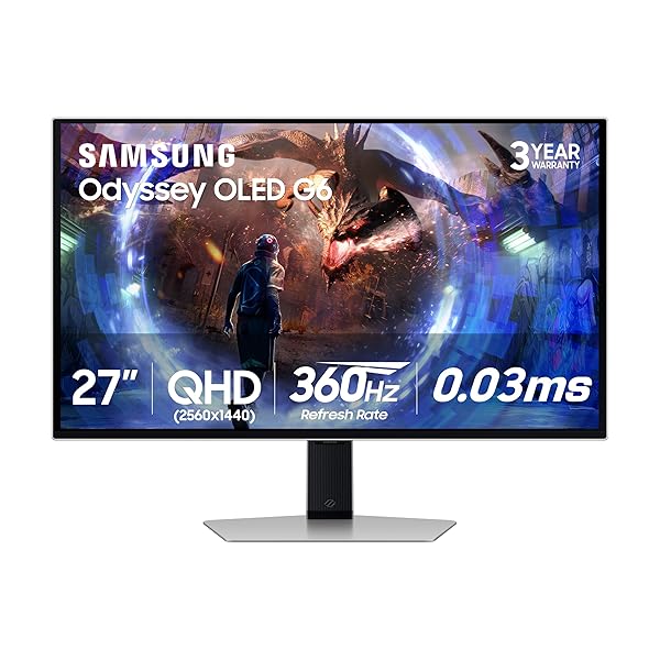 SAMSUNG 27” Odyssey OLED G6 (G60SD) Series Gaming Monitor with QHD & QD-OLED, 360Hz 0.03ms, AMD FreeSync Premium Pro, Anti-Glare, Sleek Design, Cooling System, 3 Year Warranty, LS27DG602SNXZA