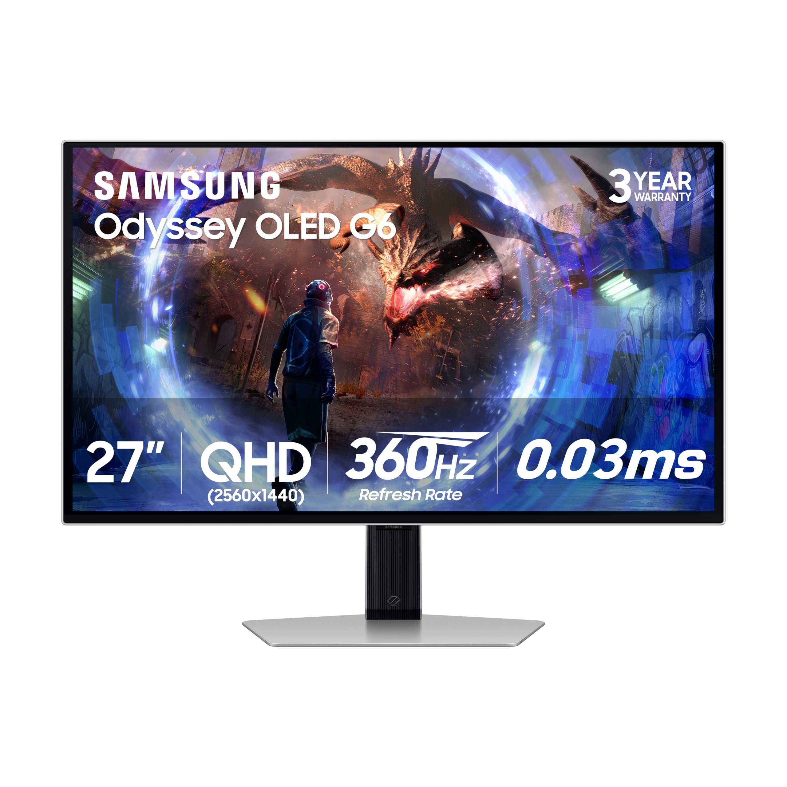 Samsung27” Odyssey OLED G6 (G60SD) Series Gaming Monitor with QHD & QD-OLED, 360Hz 0.03ms, AMD FreeSync Premium Pro, Anti-Glare, Sleek Design, Cooling System, 3 Year Warranty, LS27DG602SNXZA