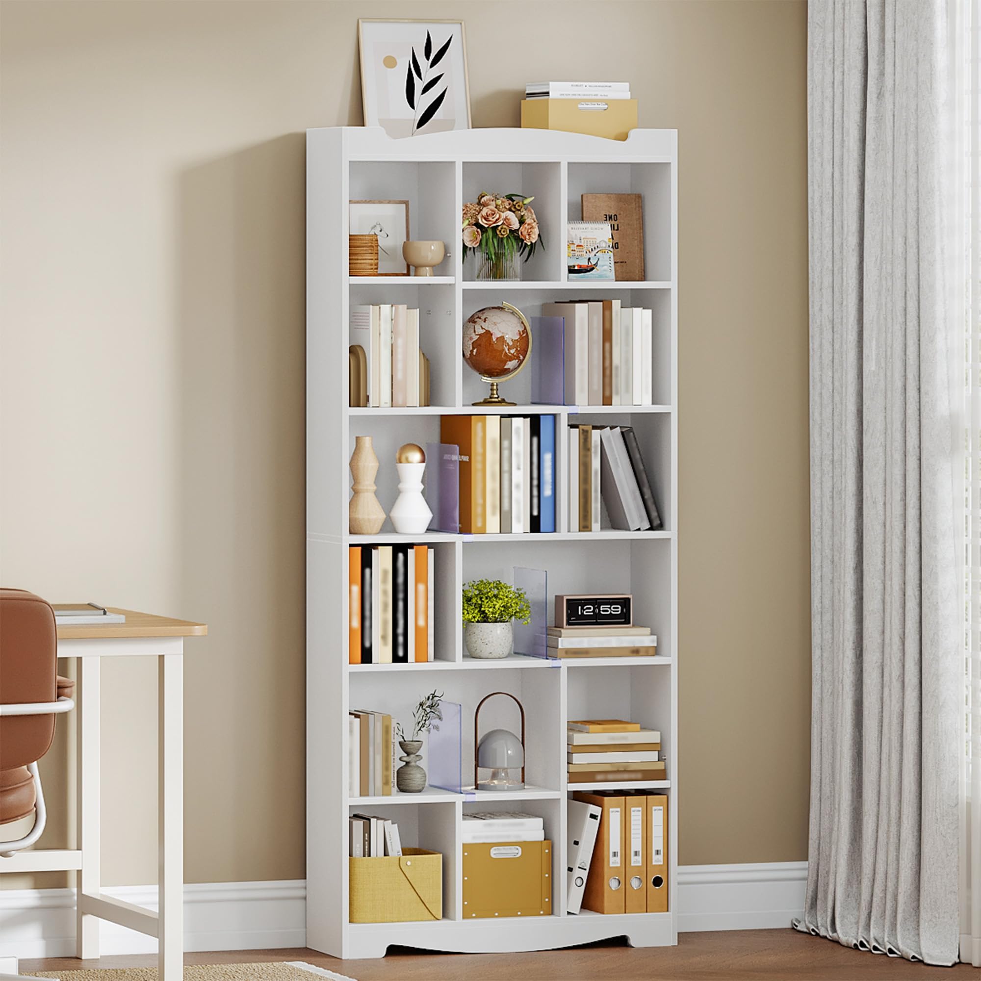 Hzuaneri Bibliothèque, étagère Rangement 6 Niveaux, 2 Planches Réglables, Bibliothèque Meuble de Rangement, Soupport CD pour Bureau, Salon 24 x 77 x 182,5 cm Blanc BC26303X
