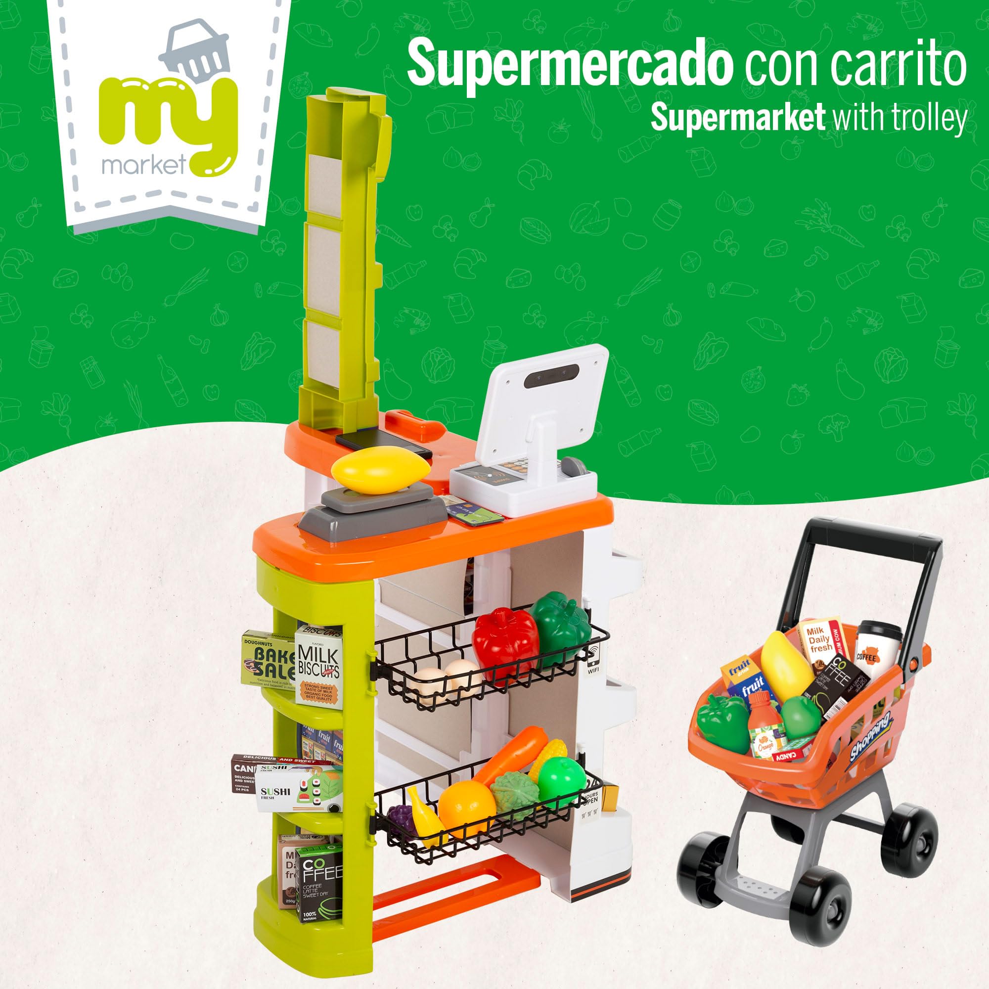 ColorBaby 47965 My Home Supermercato Giocattolo con Carrello, Luce e Suono Realistico, Registratori di Cassa elettronici, +50 Pezzi, Dimensioni 50 x 42 x 82 cm, Giocattoli per Bambini 3 Anni
