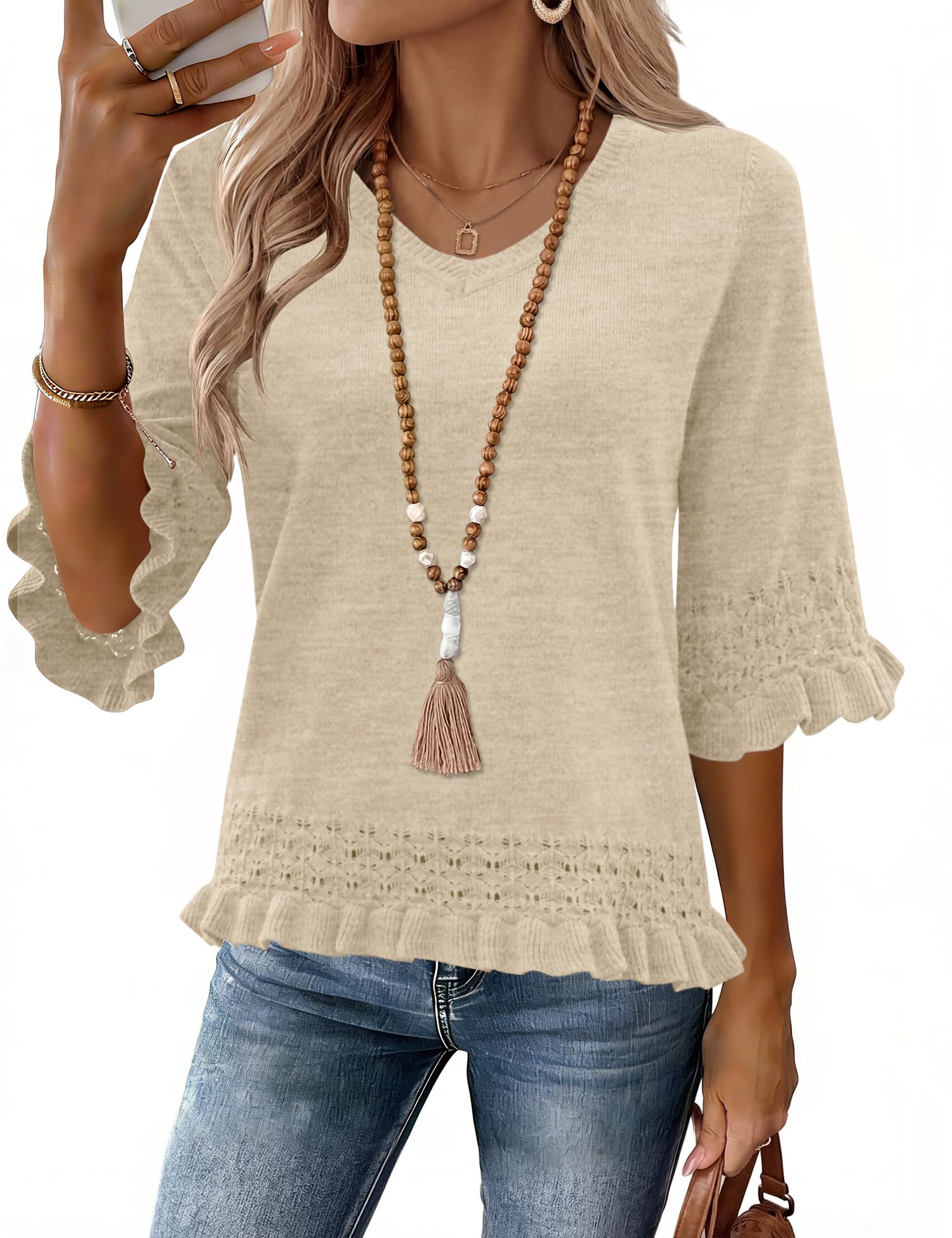 LOMON Womens Sweaters 3 4 Sleeve Business Casual Sweater V Neck Boho Tops Cute Crop Knit Peplum Pullover