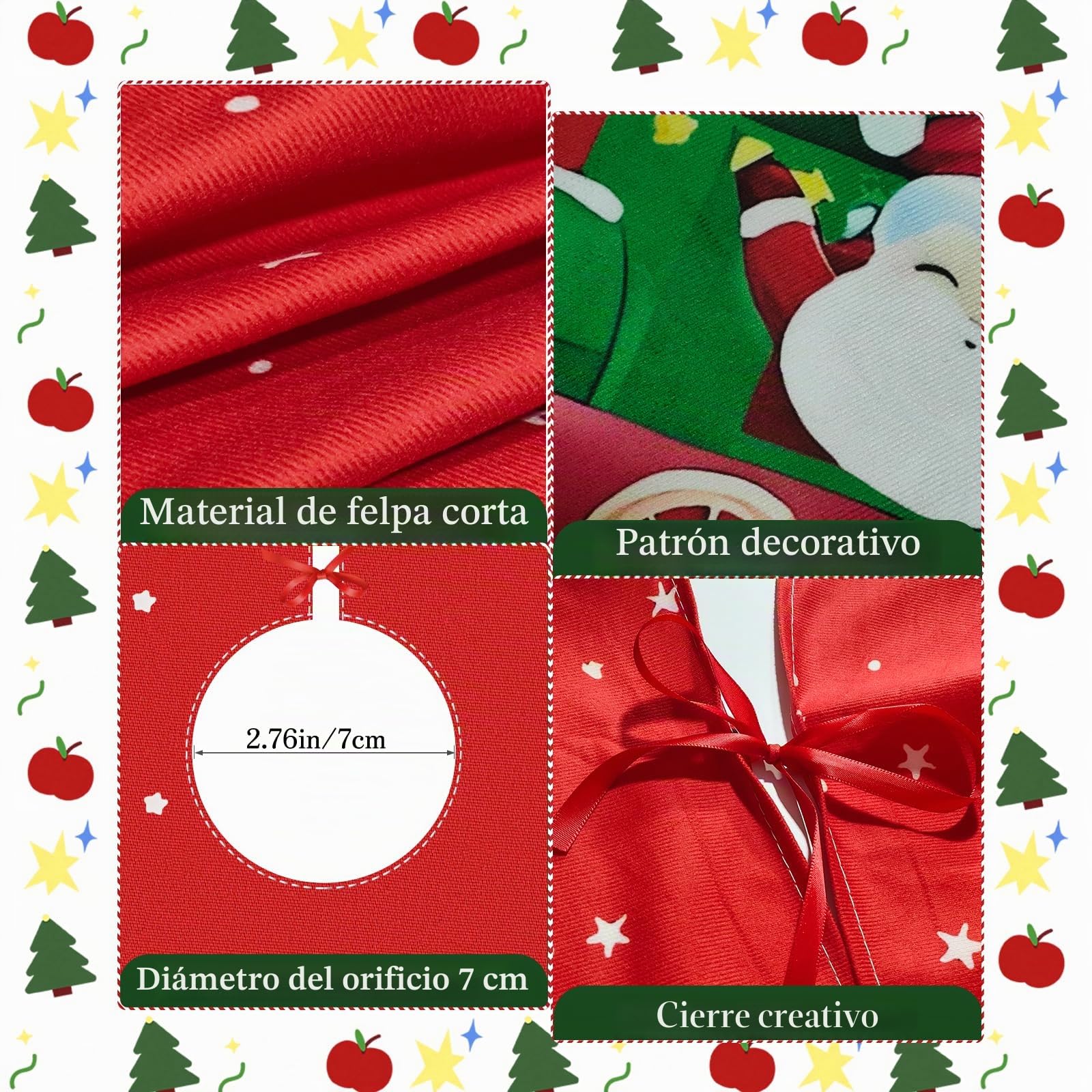 Falda de Árbol de Navidad, Alfombra de Árbol de Navidad, con Motivos de Muñecos de Nieve, Copos de Nieve y Trenes, para la Decoración Navideña del Hogar, Rojo