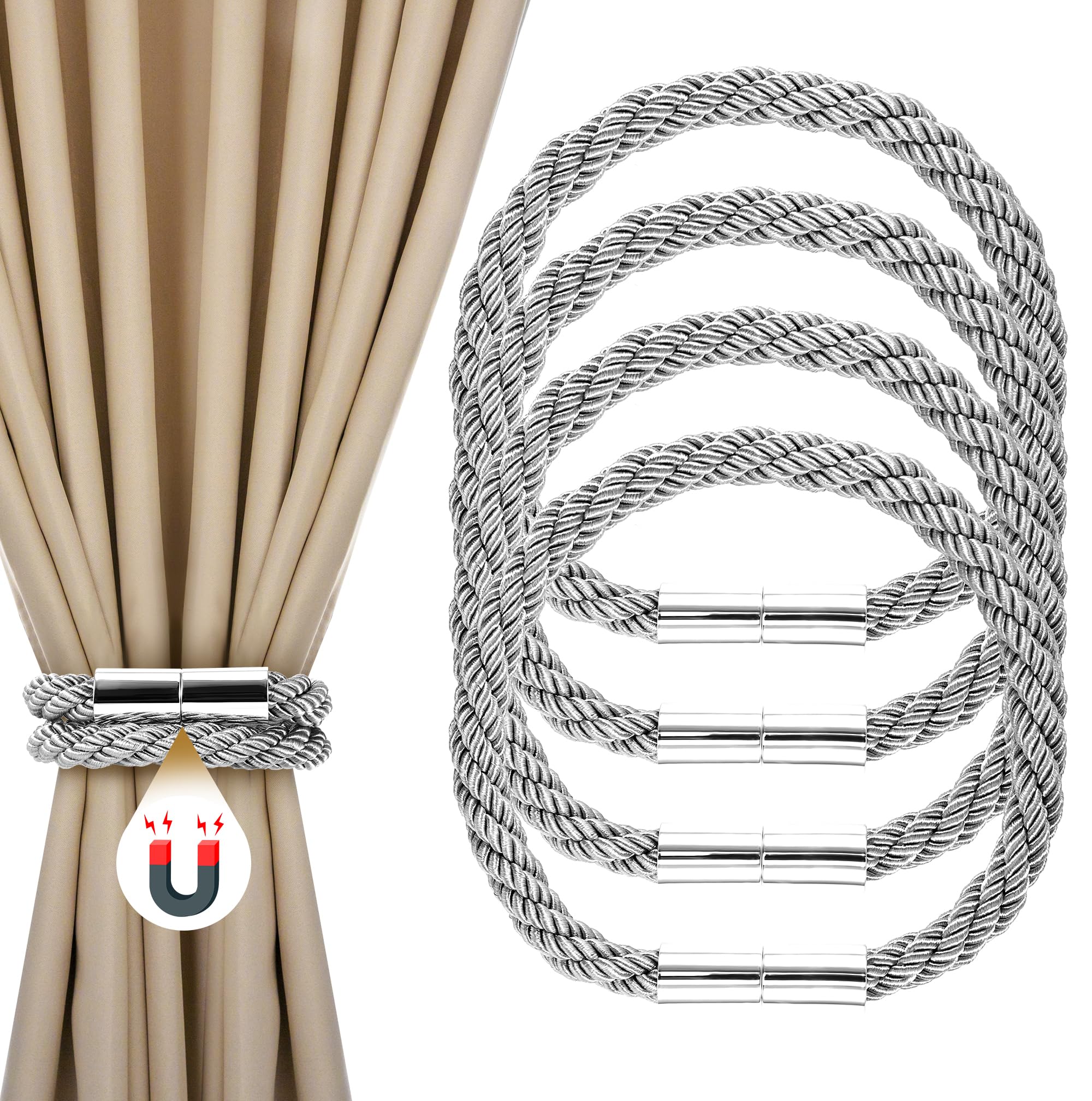JIZZU 4 Stück Magnetische Vorhang Raffhalter, Dekorative Vorhang-Raffhalter, Raffhalter für Gardinen Halterung Vorhang Halter Gardinenhalte Dekoration Gardinen Zubehör (Silbergrau)