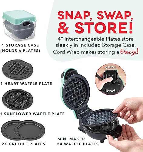 Miniatura 6 de DASH - Miniwaflera multifunción con seis placas removibles de 4 pulgadas y estuche de almacenamiento Waflera y plancha 4 en 1 mini para niños y