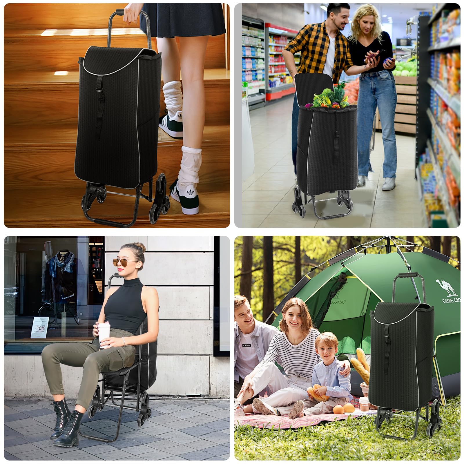 3 in1 Einkaufstrolley Klappbar,Einkaufswagen m𝐢t 40L Kapazität und belastbar bis 30kg,Einkaufstrolley mit Sitz,Einkaufstasche mit Rollen,Wasserfest Einkaufstrolleys Treppensteiger,Schwarz