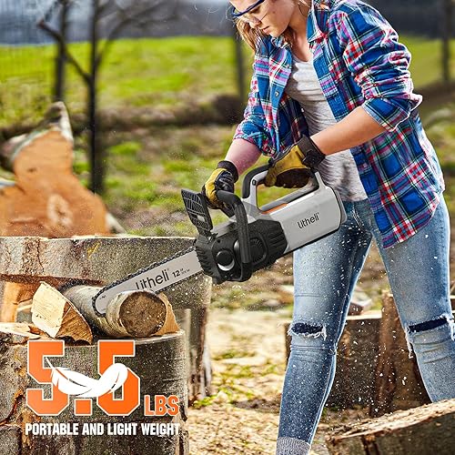 Miniatura 5 de Litheli Motosierra eléctrica sin escobillas de 12 pulgadas, motosierra con 2 baterías de 20 V MAX 2.0 Ah, motosierra inalámbrica de mano con