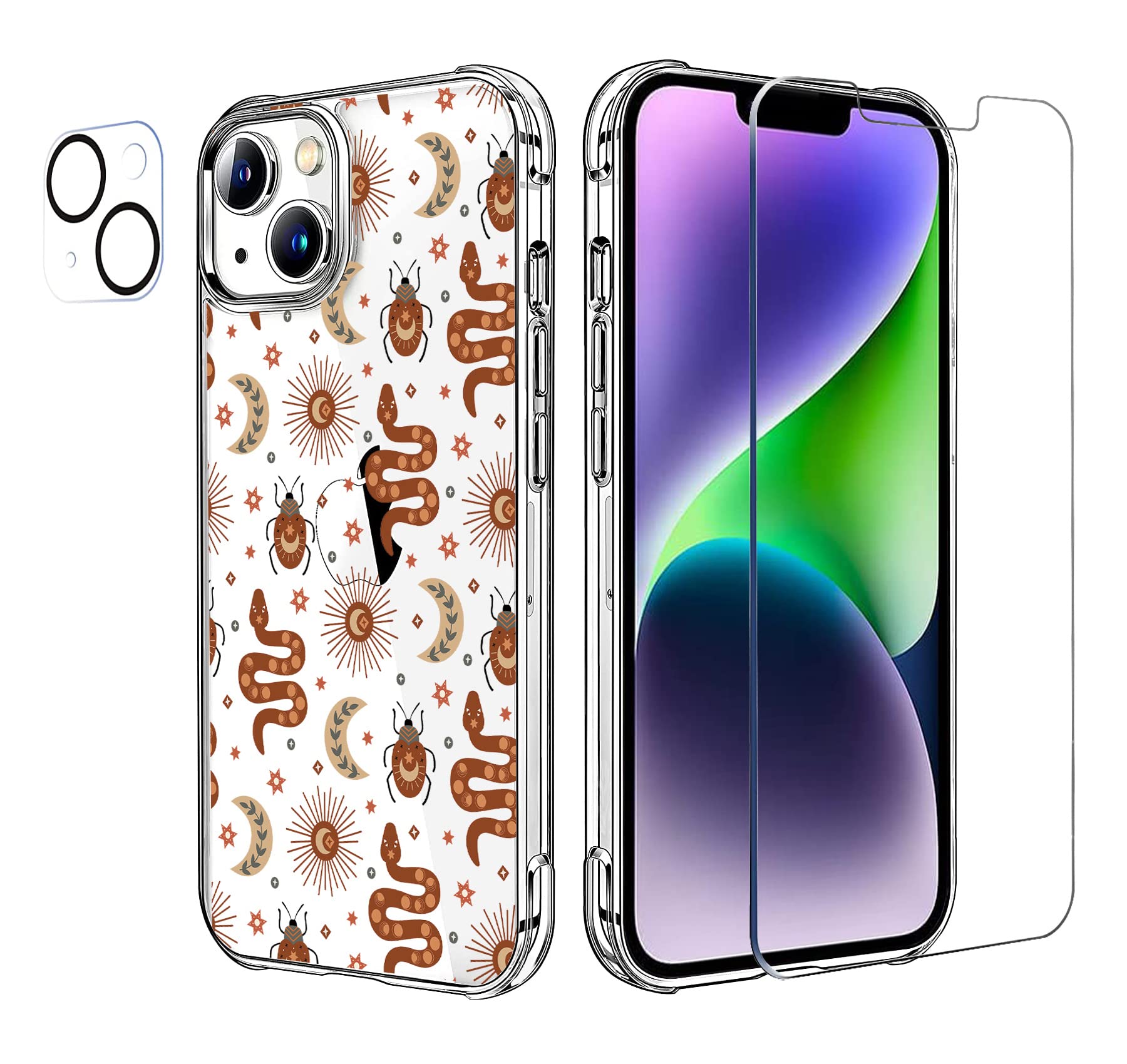 HEYORUN Sun Moon Snake Case Compatible for iPhone 14 Plus, with Screen Protector and Camera Lens Protector, Cute Pattern Clear Back Case Cover, Transparent Soft TPU Bumper Shockproof Protective Case