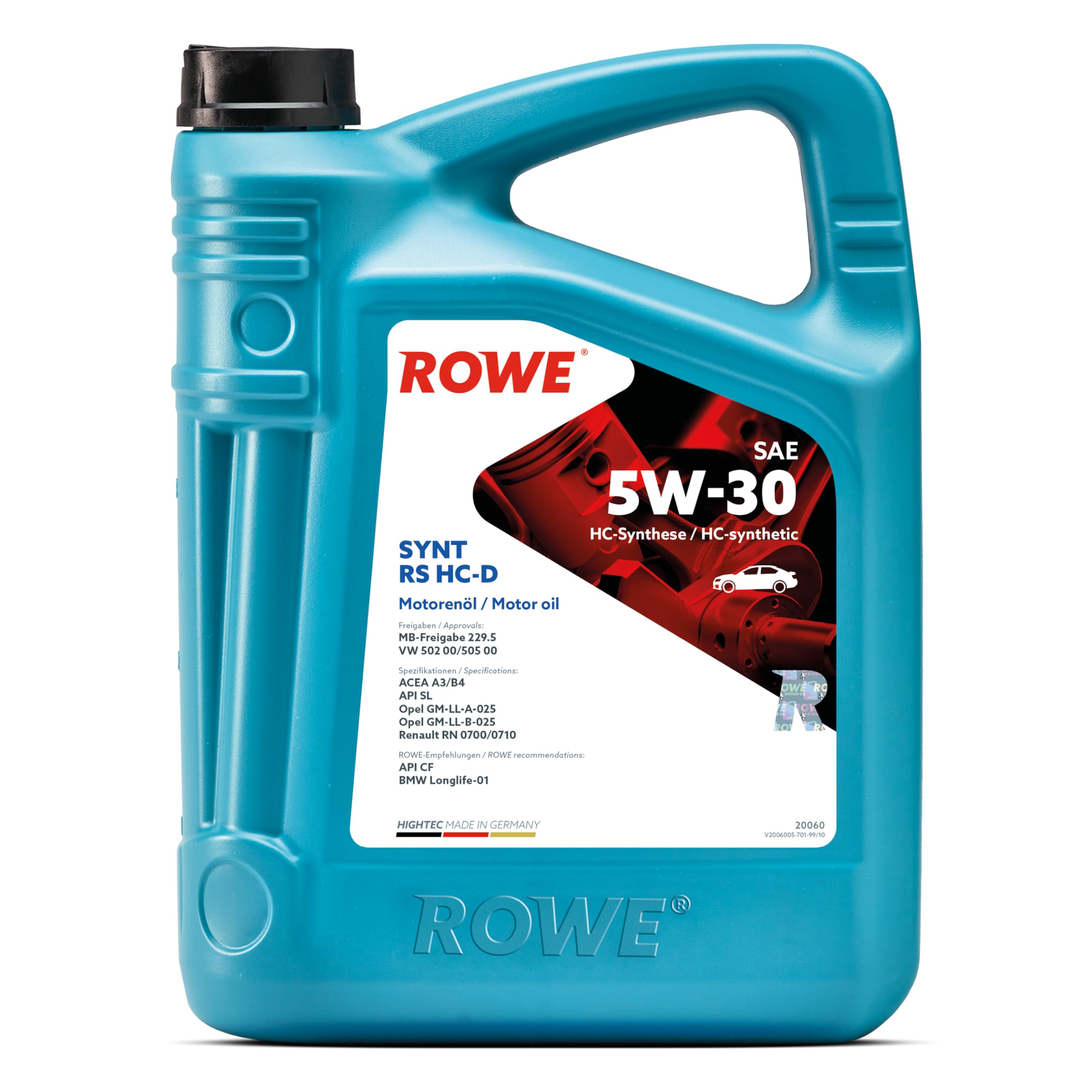 ROWE HIGHTEC SYNT RS HC-D SAE 5W-30, 5 Liter, HC-Synthese-Leichtlauföl | Synthetisches Energiesparöl für moderne Otto- und Dieselmotoren ohne Partikelfilter, Art. Nr. 20060