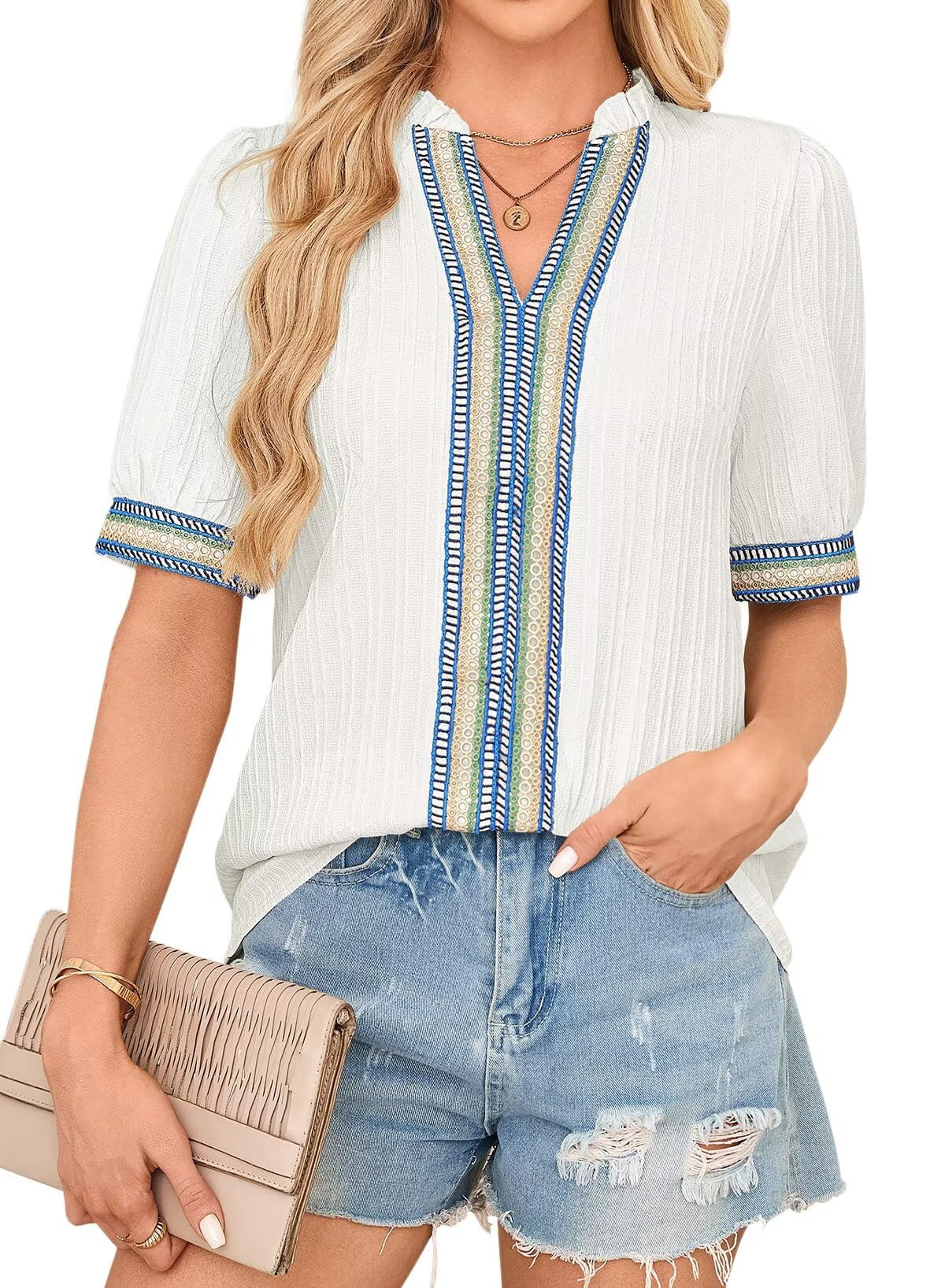 Falechay Womens Summer Tops Short Sleeve Lace V Neck Shirts Business Casual Flowy Boho Blouses Dressy Work Outfit Trendy 2025