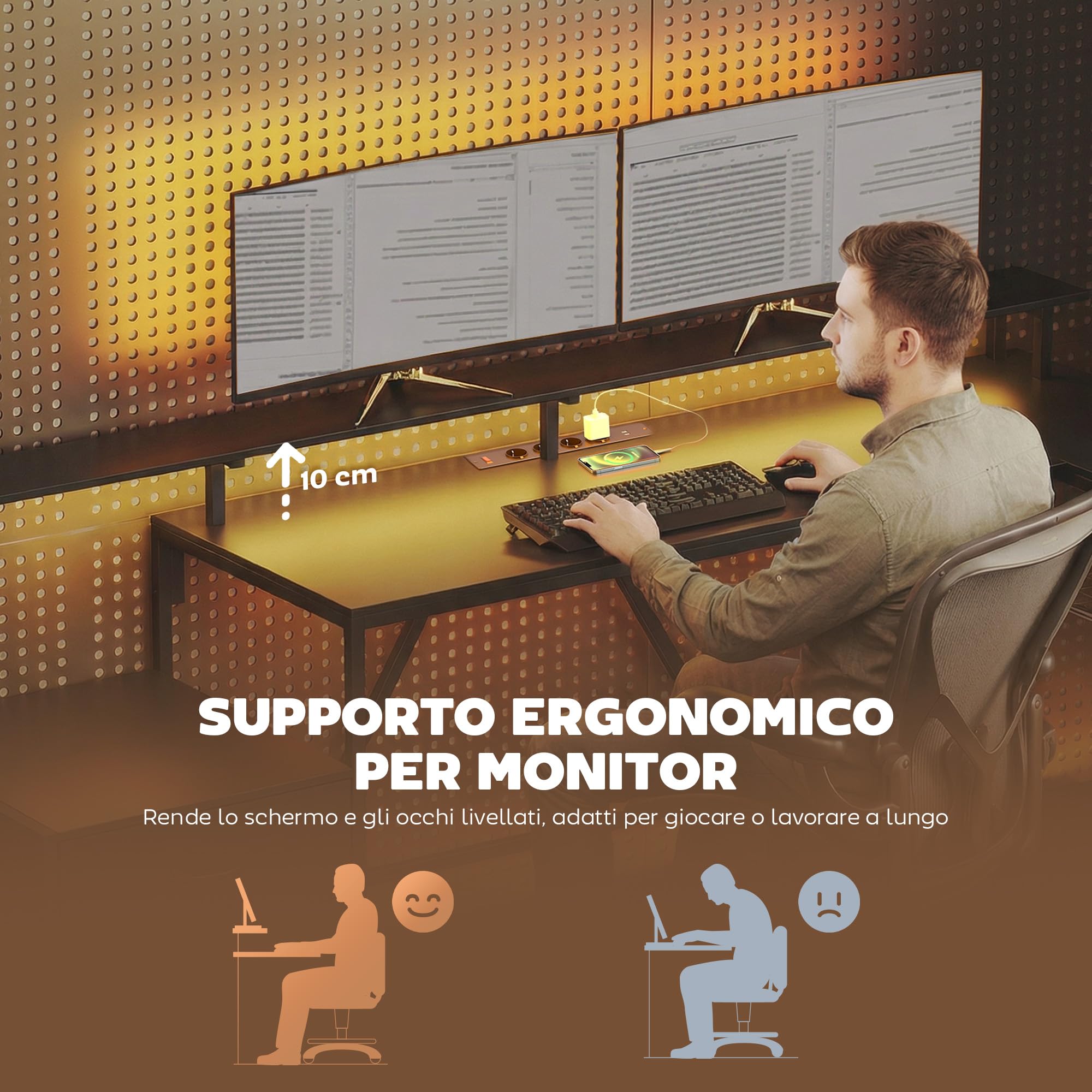 HOMCOM Scrivania Gaming Reversibile ad L con LED, 192.5cm Scrivania Angolare con Prese Elettriche, Supporto Monitor e CPU, 2 Cassetti in Tessuto per Documenti A4/Legale, per Casa Ufficio Studio, Nero
