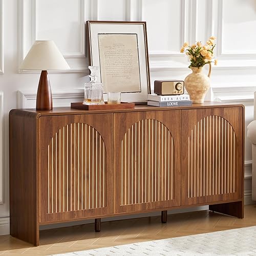 Armario buffet de 59 pulgadas con almacenamiento, armario de almacenamiento de consola de TV arqueada de madera con 3 puertas y estante ajustable,