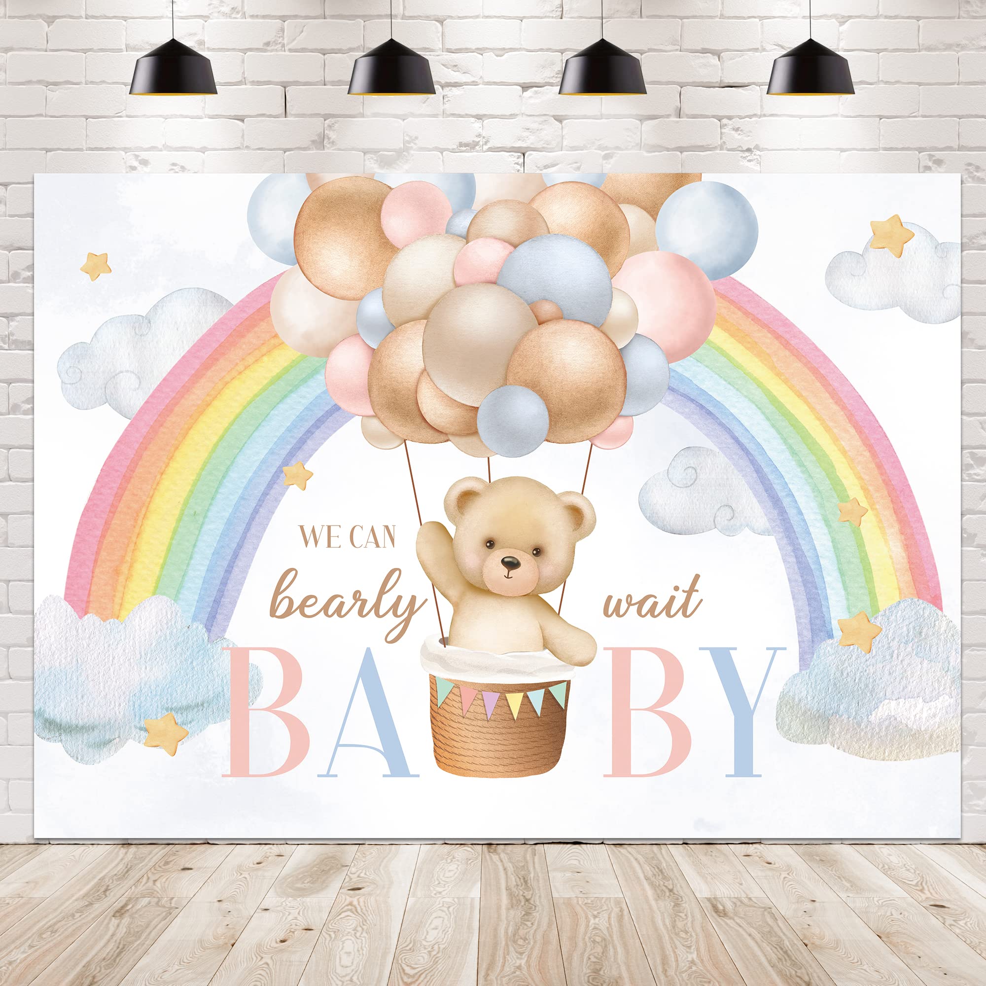 Bear Baby Shower Backdrop We Can Bearly Wait Green Balloon Cartoon Stars Moon Cloud Cute Heart Girl Boy Kids Lovely Decorations Photography Background B - View #8