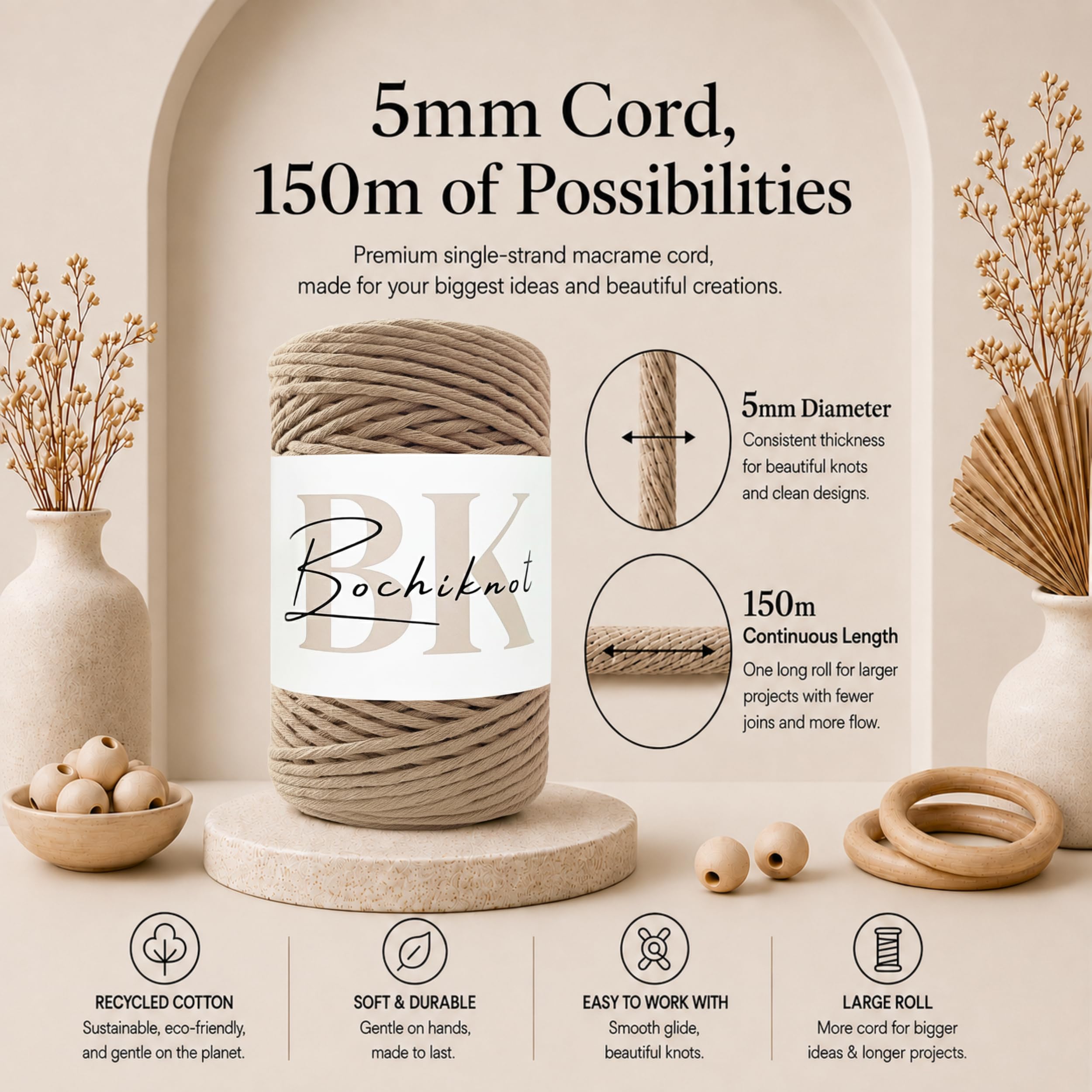 BOCHIKNOT Makramee-Schnur, 5 mm, einsträngig, Makramee-Schnur, Baumwollkordel für Makramee und Knoten, Makramee-Seil in 3 mm, 4 mm, 5 mm, für Handwerk, Wandbehang, Pflanzenaufhänger (150 m,