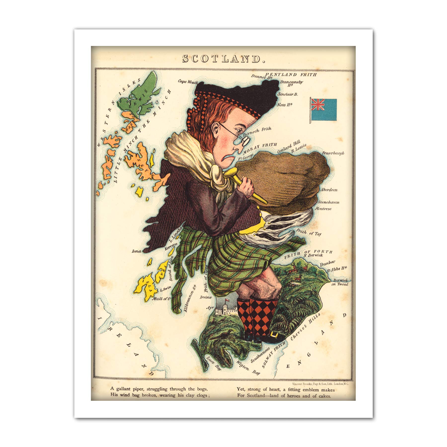 Lancaster 1869 Pictorial Map Scotland Piper Fun Artwork Framed Wall Art Print 18X24 Inch